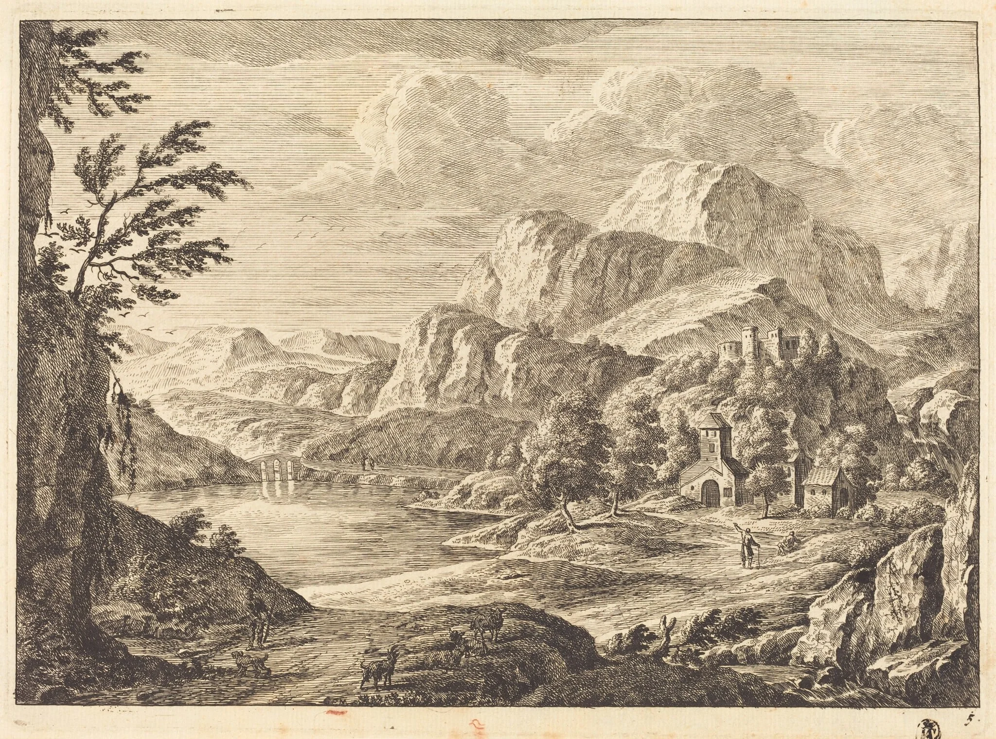 Mountainous Landscape with a Ruined Castle and an Arched Bridge in the Distance, by Georg Eisenmann, ink, 1772