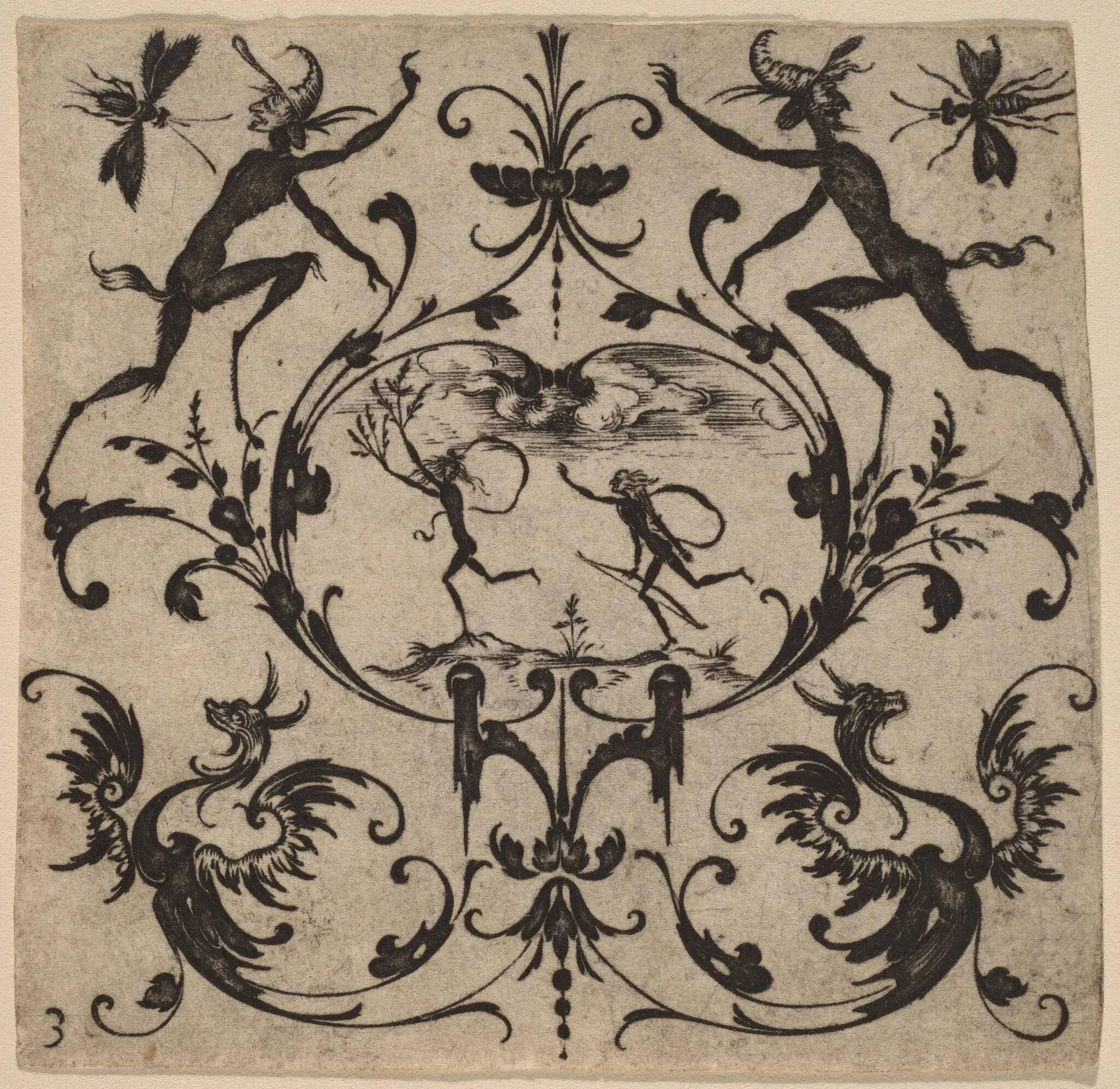 Ornament with Grotesque, by Master CR, ink, 1616