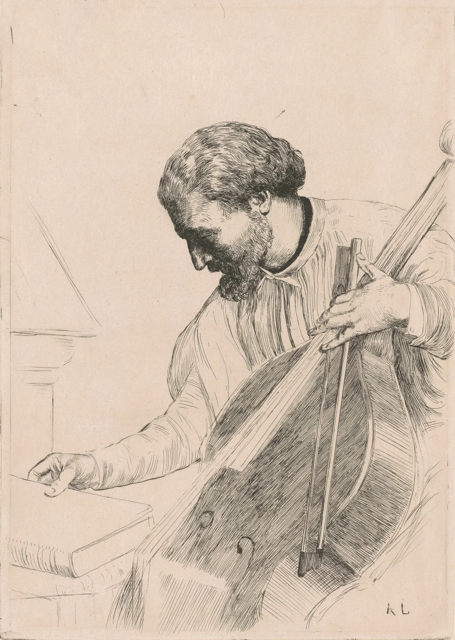 The Bass Player (Le Jouer de Contre-Basse), by Alphonse Legros, ink, 1864