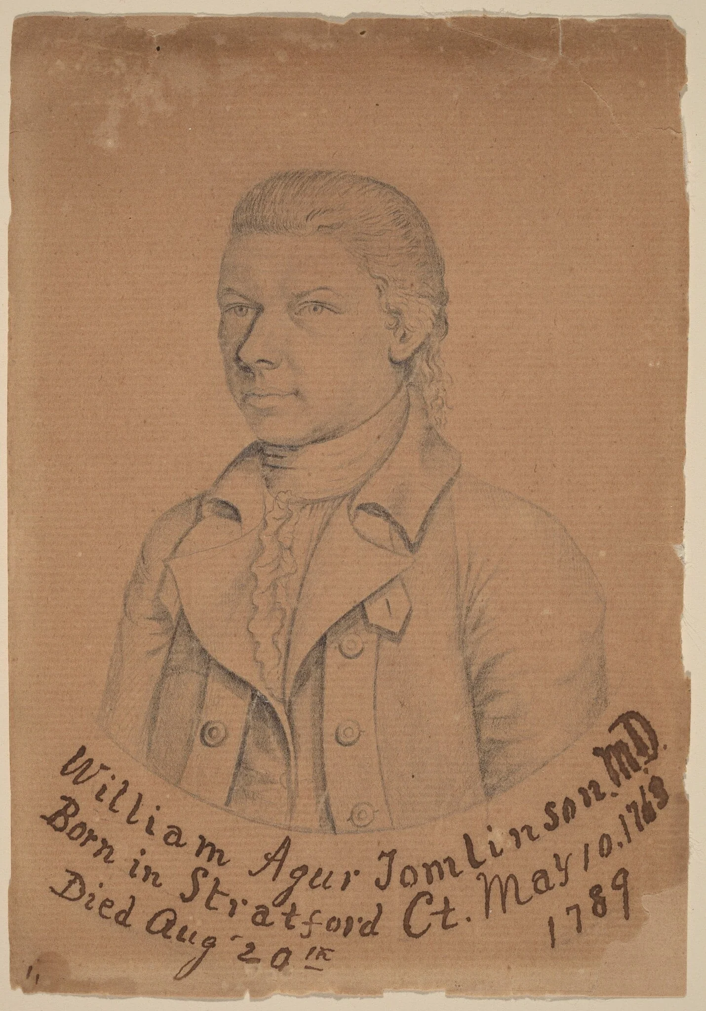 William Agur Tomlinson, M.D., by Reuben Moulthrop, graphite, 1701