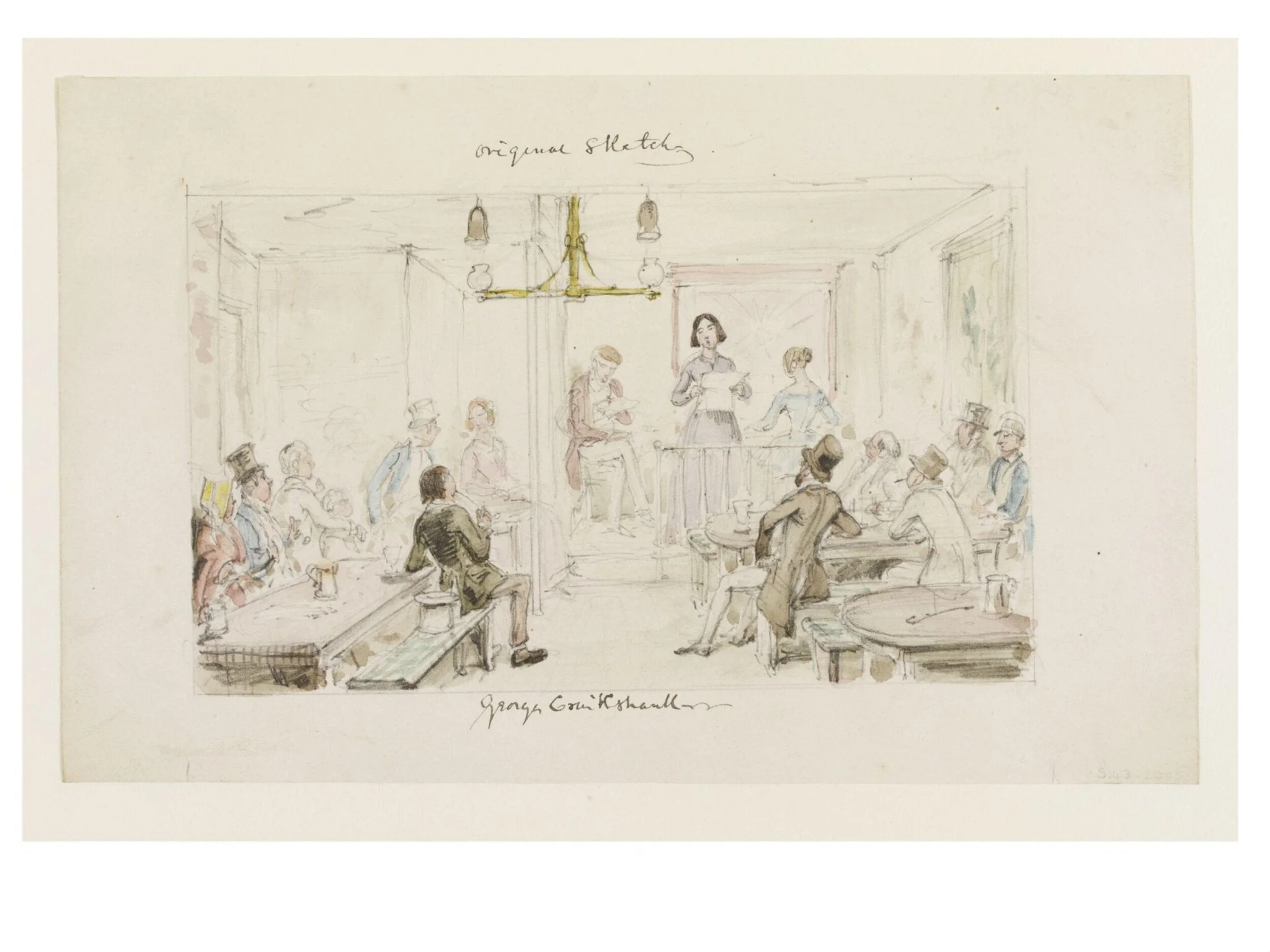 Tavern entrertainment, or early music hall, by George Cruikshank, watercolor, 1845
