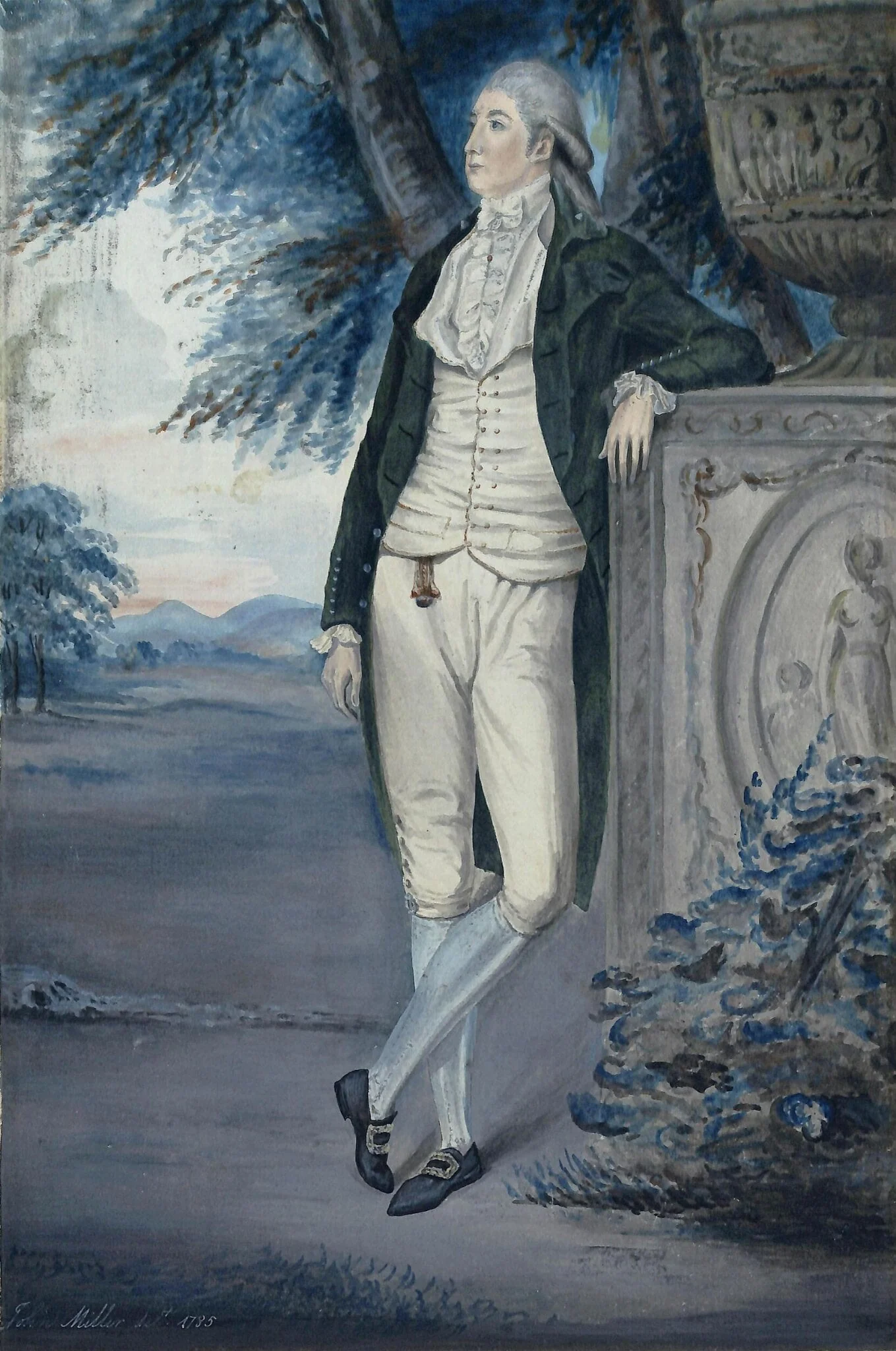 Portrait of a gentleman in a landscape, by John Miller, watercolor, 1785