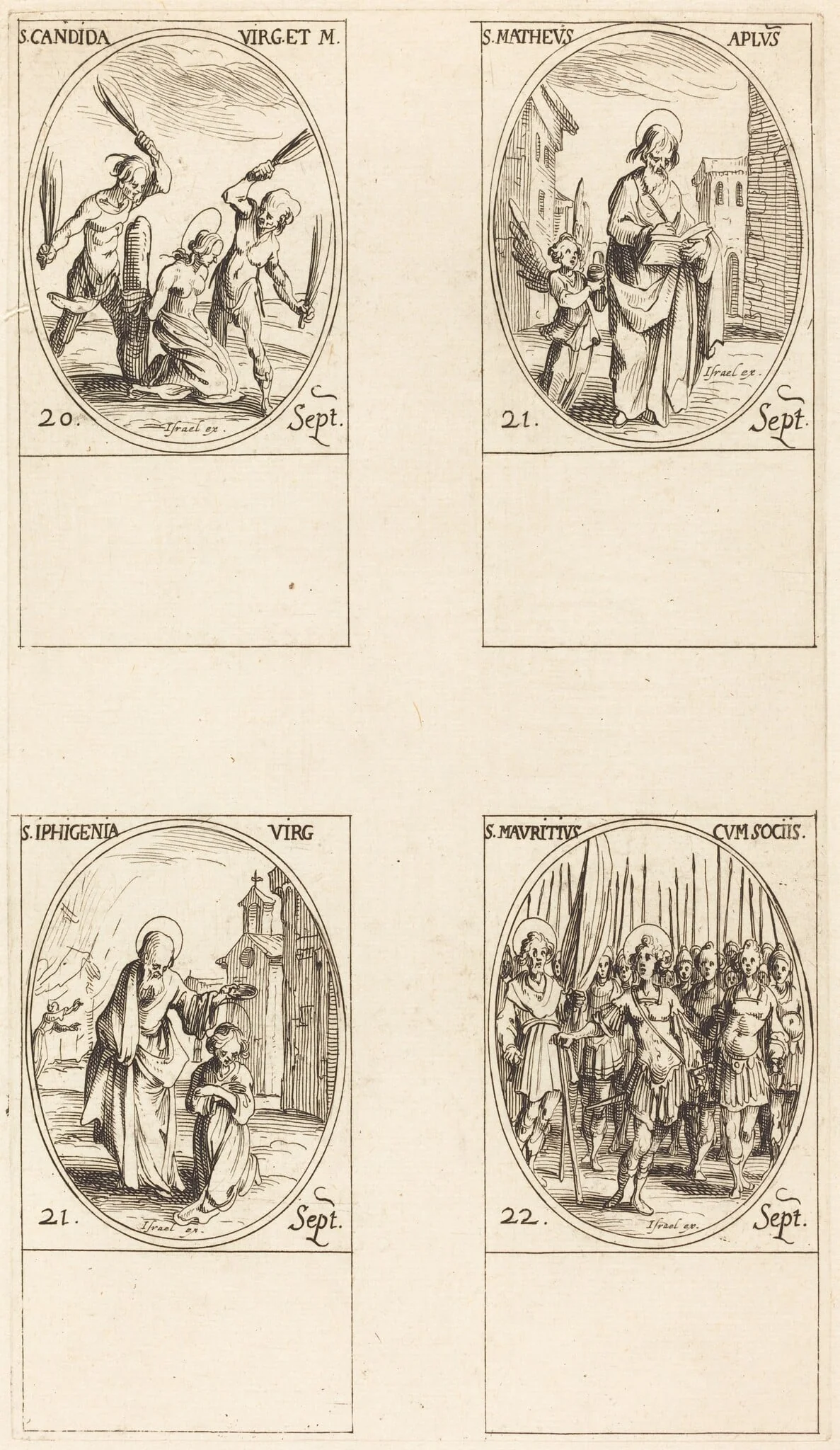 St. Canida; St. Matthew; St. Ipigenia; St. Maurice and Companions, by Jacques Callot, ink, 1634