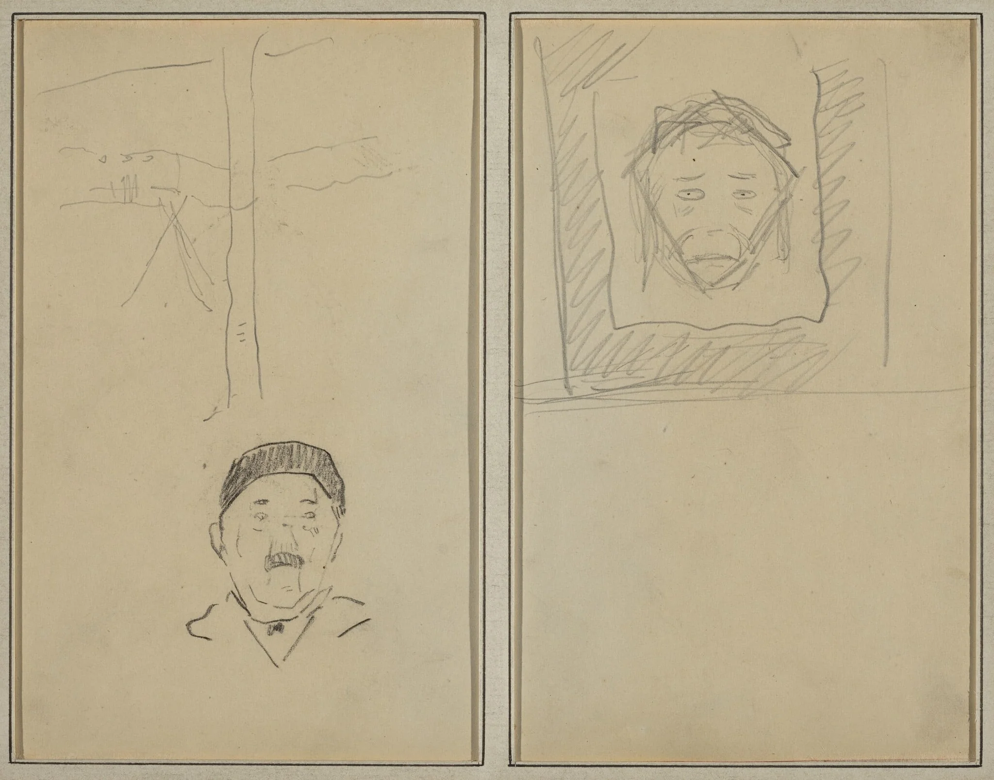 Landscape and Head of Man; Head of Monkey Inside a Square [recto], by Paul Gauguin, graphite, 1886