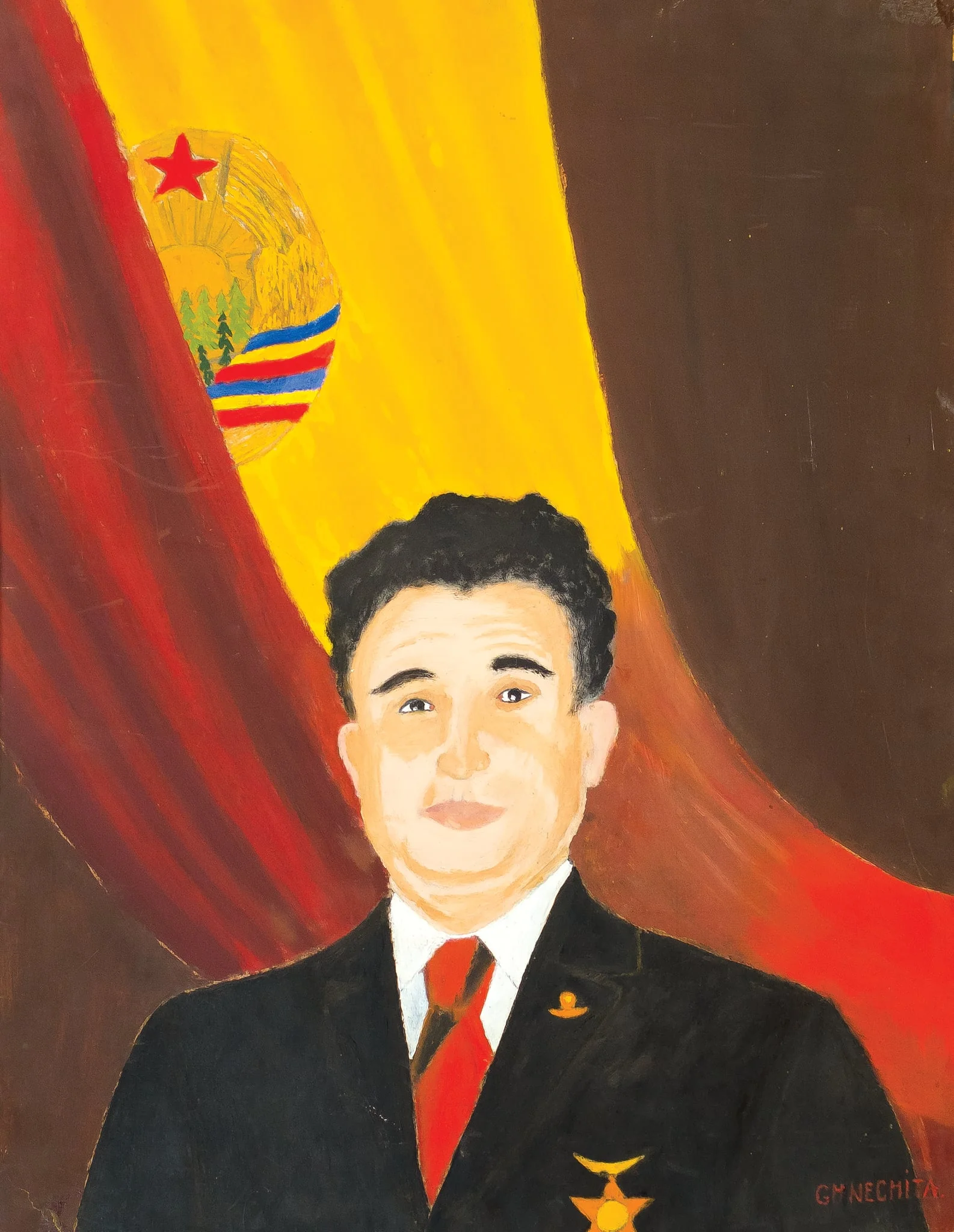 Tablou, ulei pe carton, ”Nicolae Ceaușescu”, semnat Gh. Nechita în partea dreaptă jos. Nicolae Ceaușescu este prezentată cu o figură veselă, în piept are însemnul de ”Erou al Republicii Socialiste România. În spatele său s-a vrut a fii reprezentat steagul cu stema RSR, numai ca, nu există culoarea albastru ea fiind înlocuită de culoarea maro. Oferit lui Nicolae Ceaușescu de către autor Gheorghe Nechita din Baia Mare, 26 ianuarie 1976.