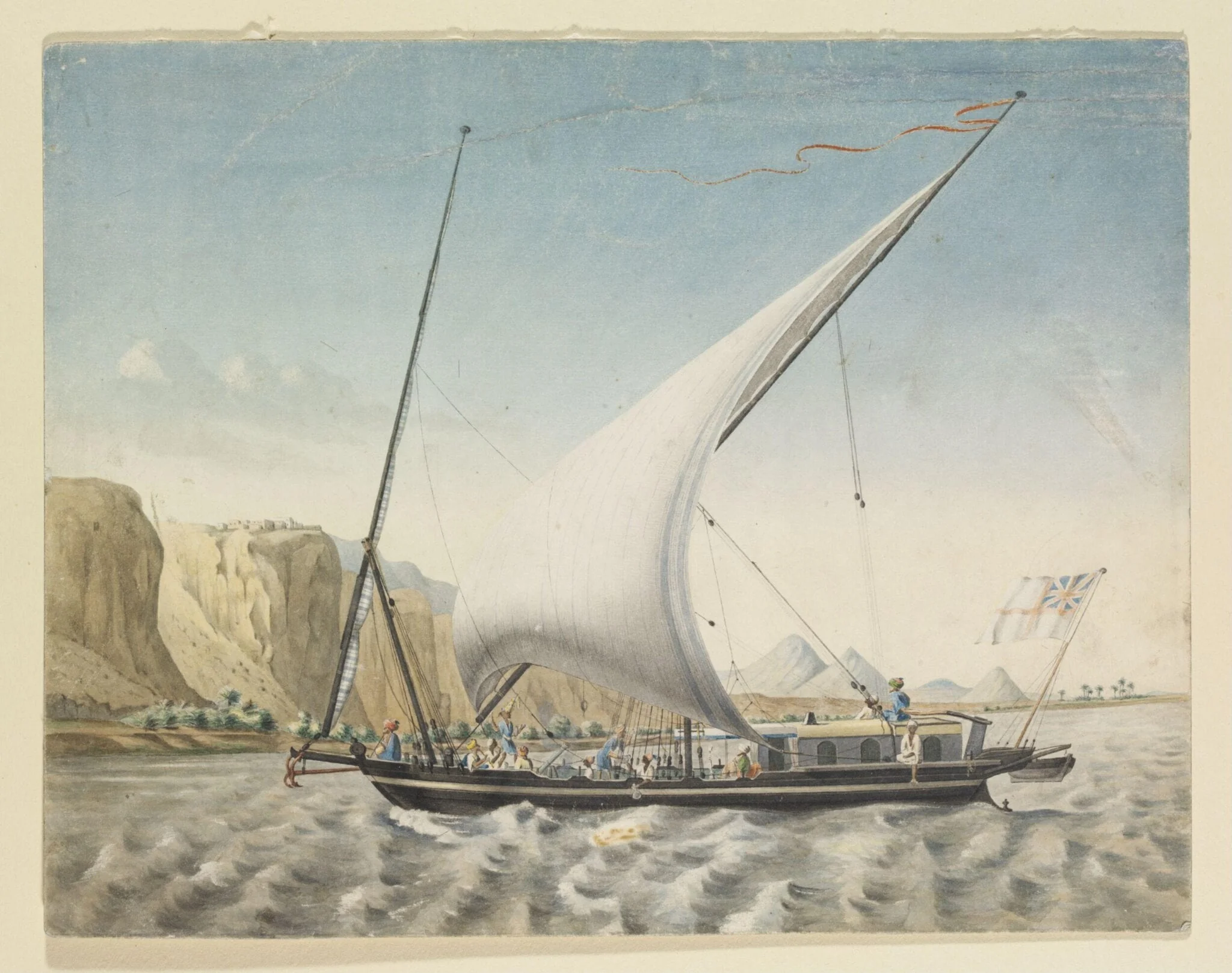 A Canja on the Nile near Qasr Ibrim, Nubia, flying a White Ensign, by Louis Maurice Adolphe Linant de Bellefonds, watercolor, 1850
