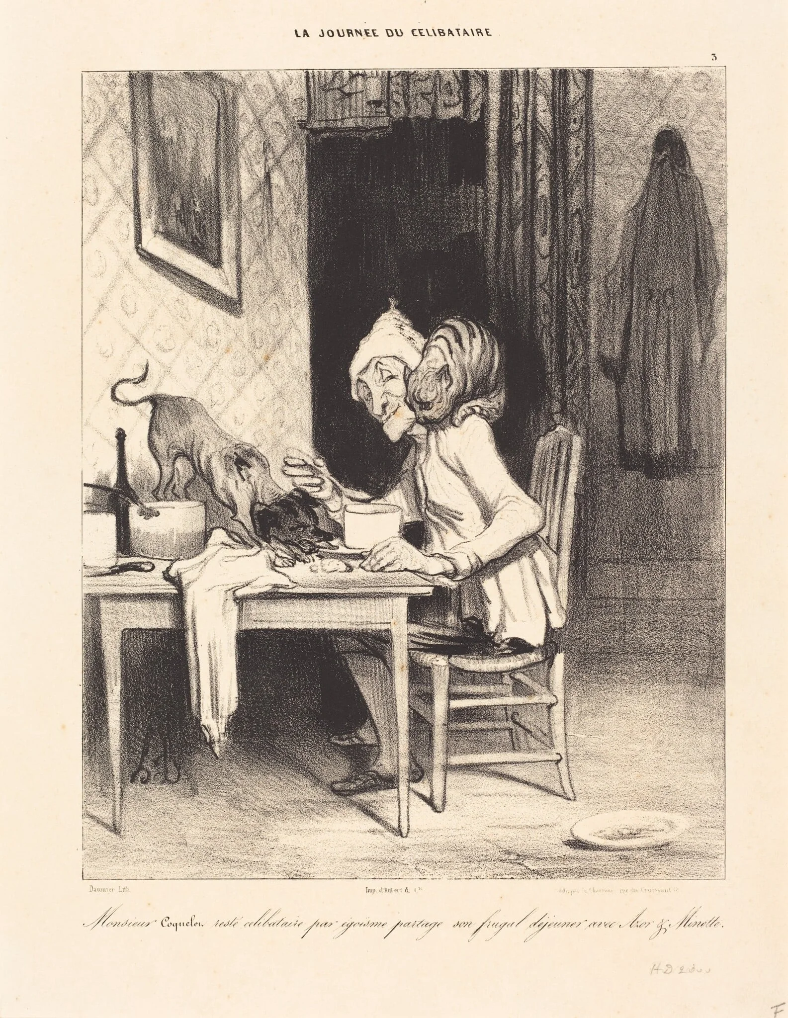 Monsieur Coquelet... partage son... déjeuner, by Honoré Daumier, crayon, 1839