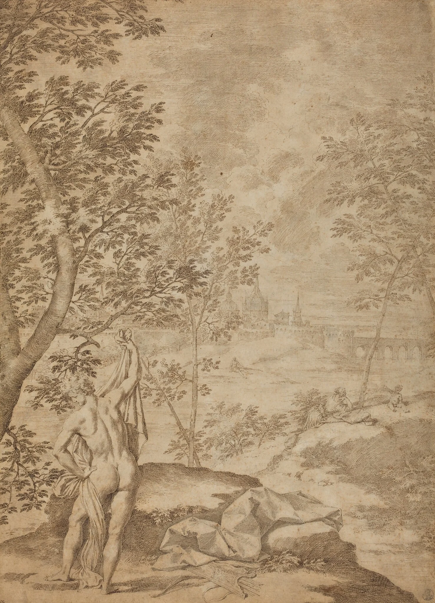 Apollo Standing in a River Landscape, by Donato Creti, ink, 1725