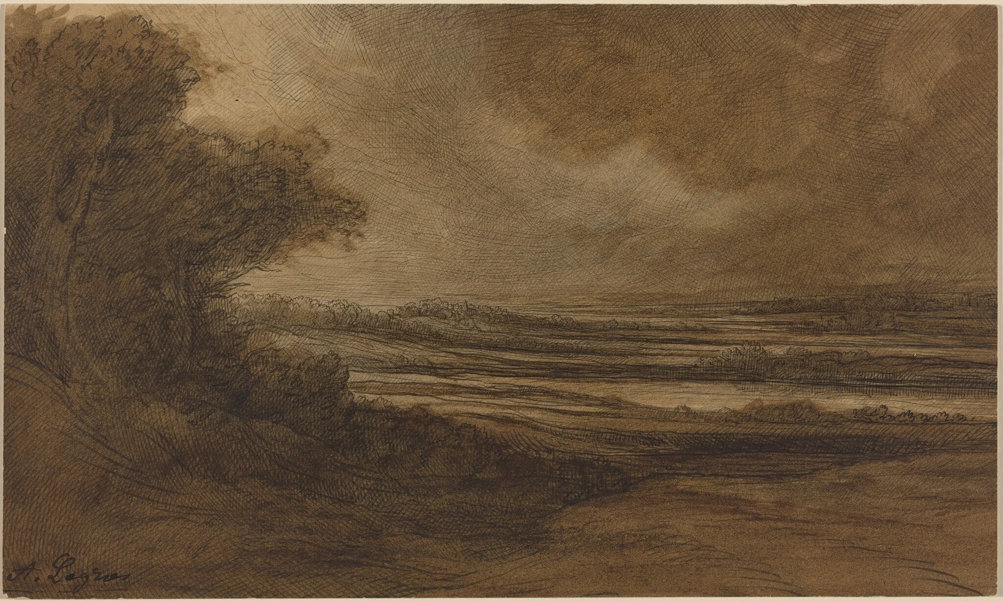Countryside of Burgundy [recto], by Alphonse Legros, ink, 1874