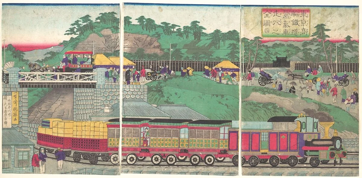 東京高輪鉄道蒸気車走行之図|Illustration of a Steam Locomotive Running on the Takanawa Railroad in Tokyo (Tōkyō takanawa tetsudō jōkisha sōkō no zu), by Utagawa Kuniteru, ink, 1873