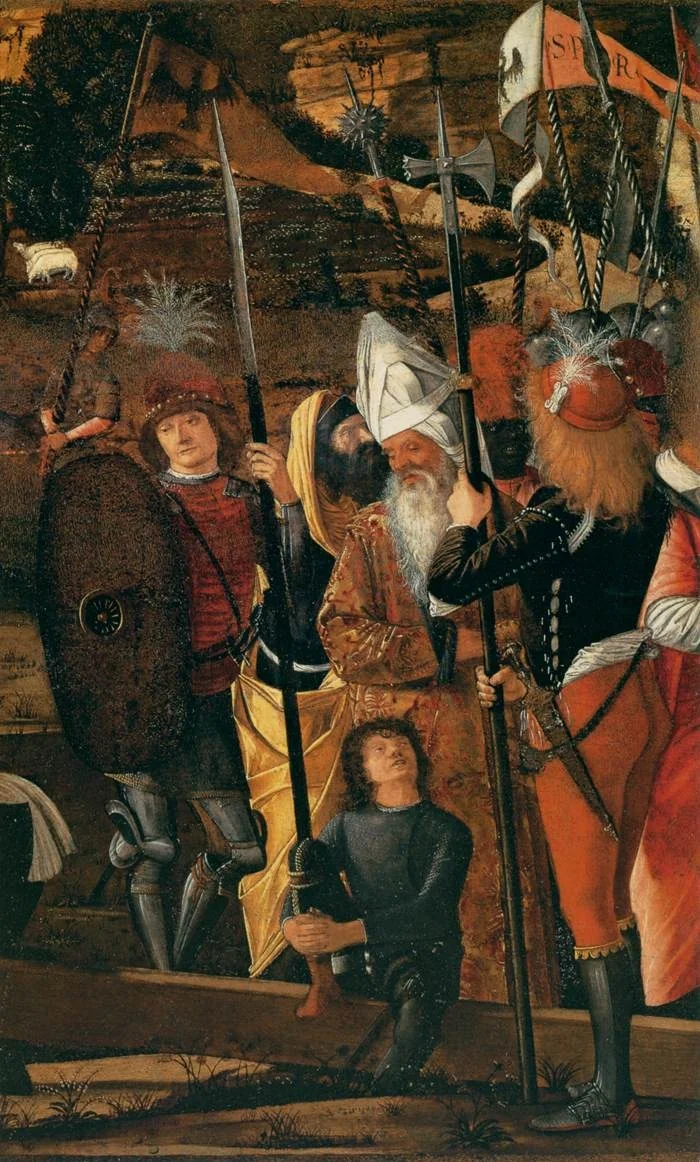 Group of Soldiers and Men in Oriental Costume, by Vittore Carpaccio, tempera, 1496