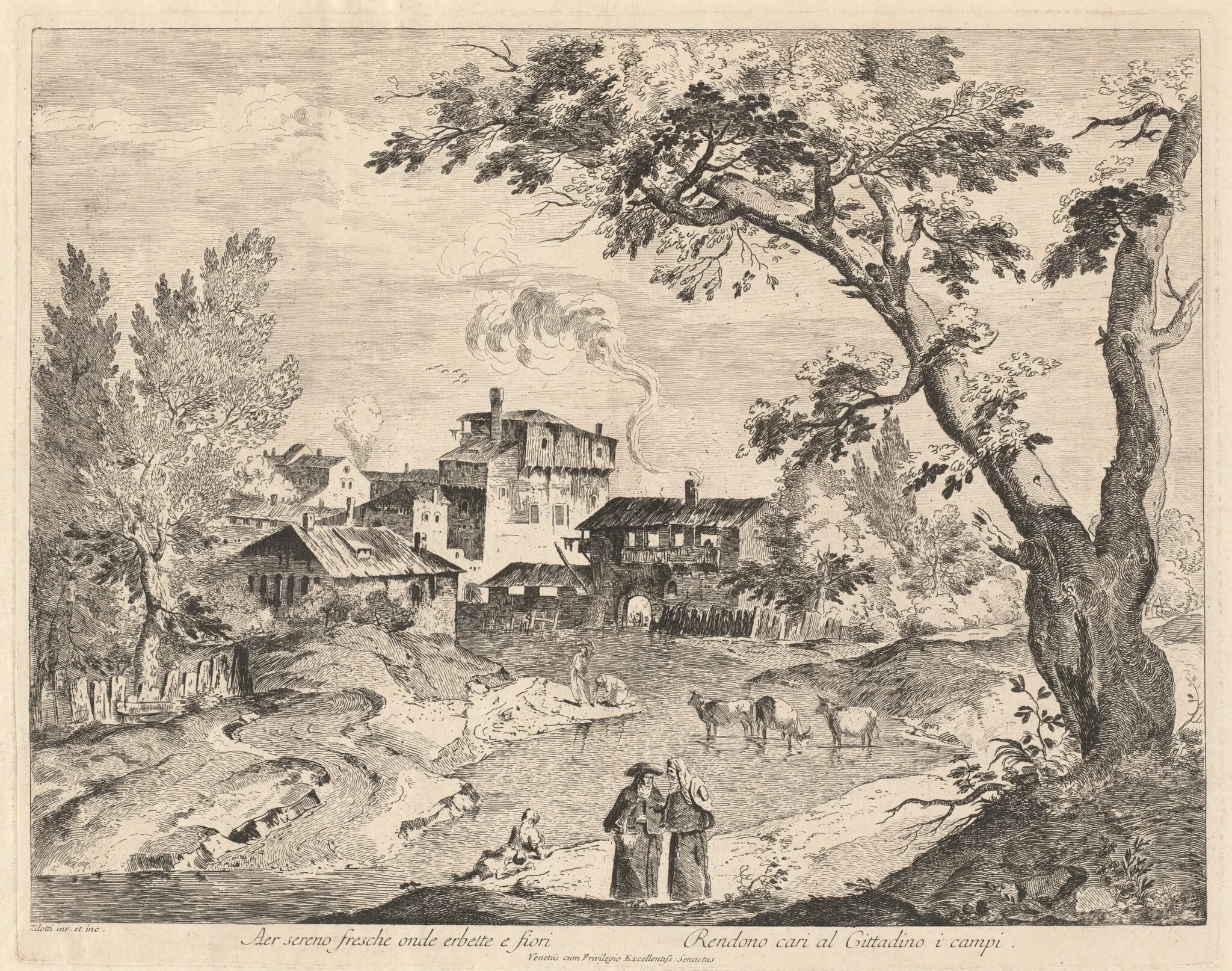 Rustic Village along a River with Travelers, by Domenico Bernardo Zilotti, ink, 1764