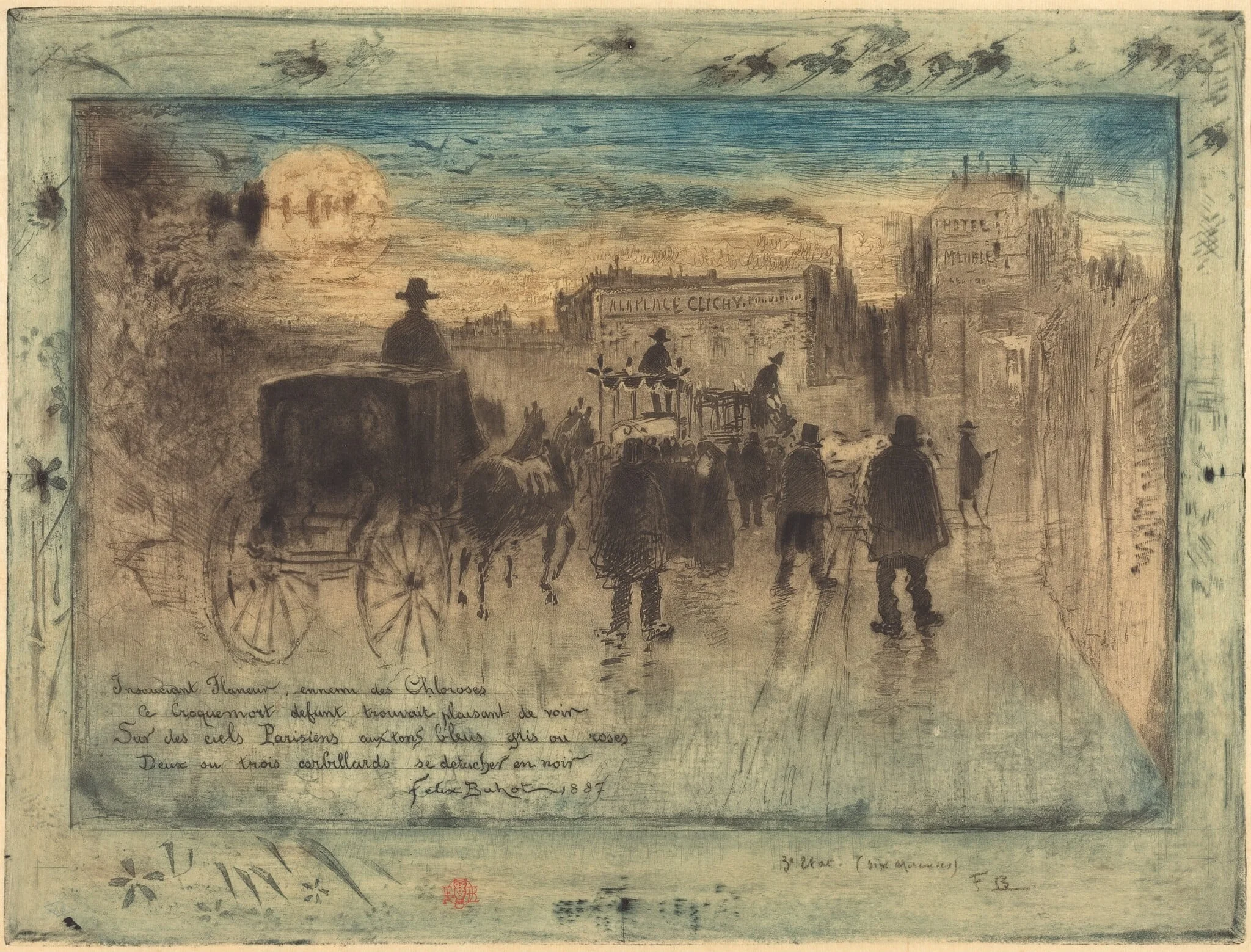 Convoi Funèbre au Boulevard de Clichy (Funeral Procession on the Boulevard de Clichy), by Félix-Hilaire Buhot, ink, 1887