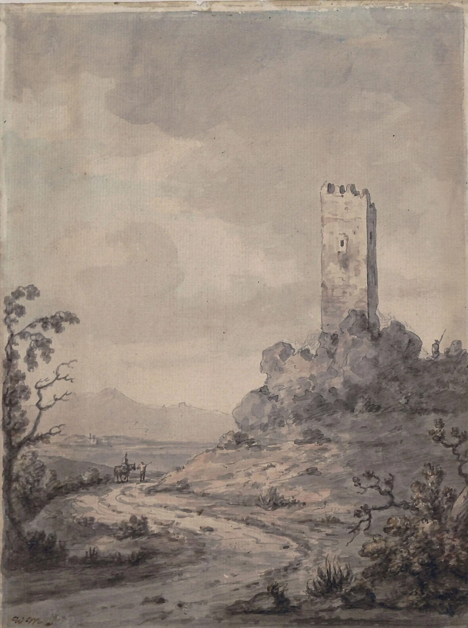Landscape with tower, by William Marlow, watercolor, 1750