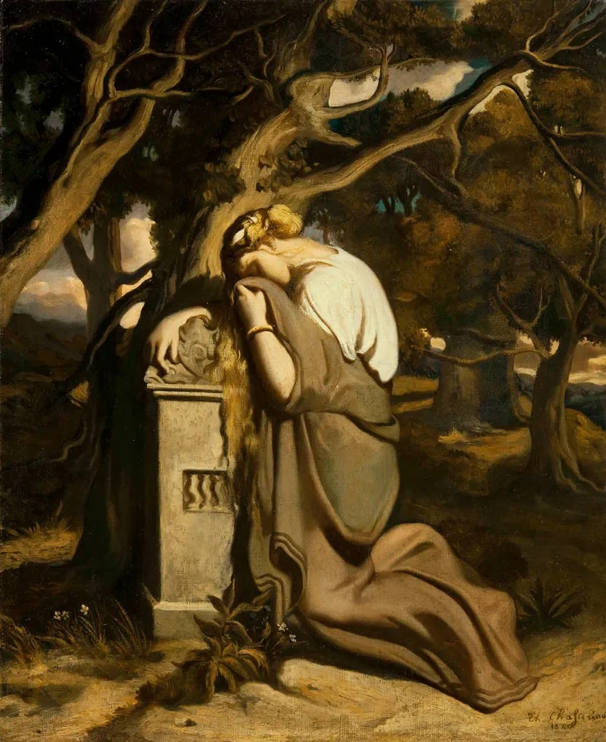 Jeune fille pleurant sur une stèle, by Théodore Chassériau, oil, 1840