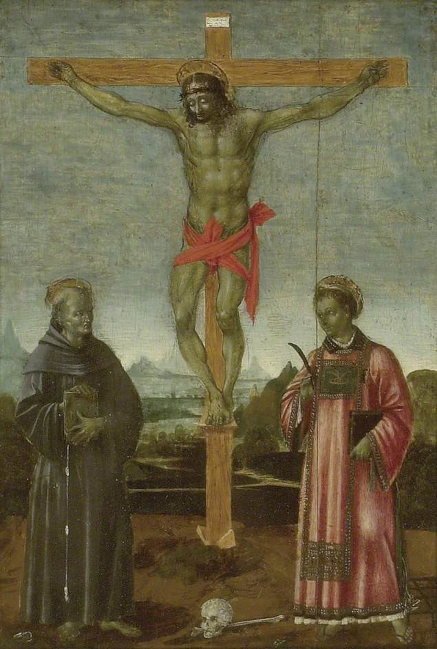The Crucifixion with Sts Bernardino of Siena and Lawrence, by Unknown, unspecified, 1490