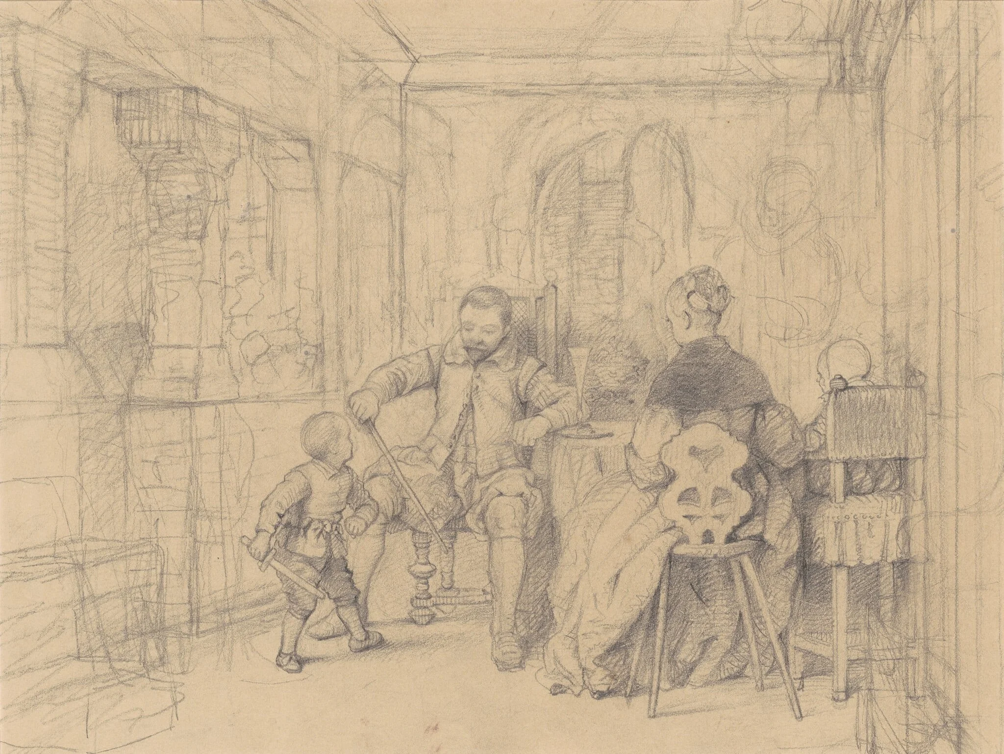 The Fencing Lesson [recto], by Richard Caton Woodville, graphite, 1848