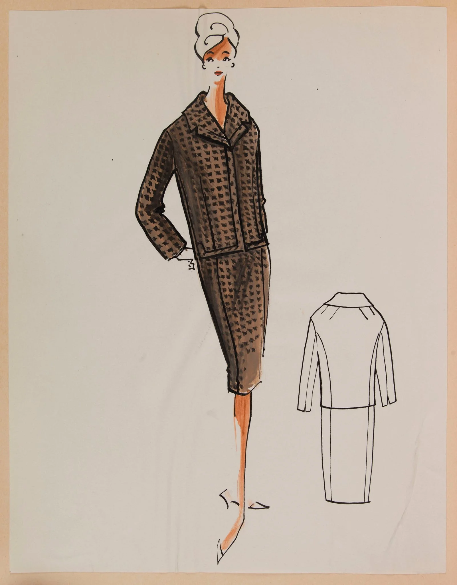 Tailleur marron à carrés noirs, by Carven, 1959