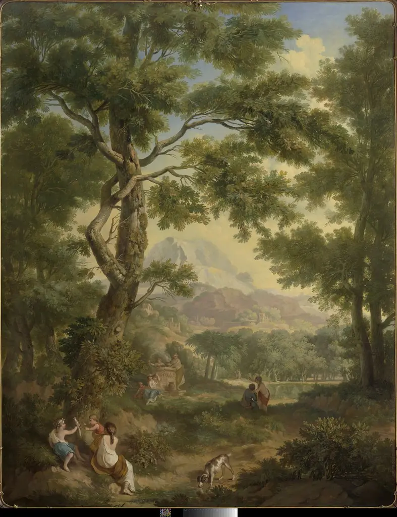 Arcadisch landschap met linksvoor kinderen met een vogel en een hond