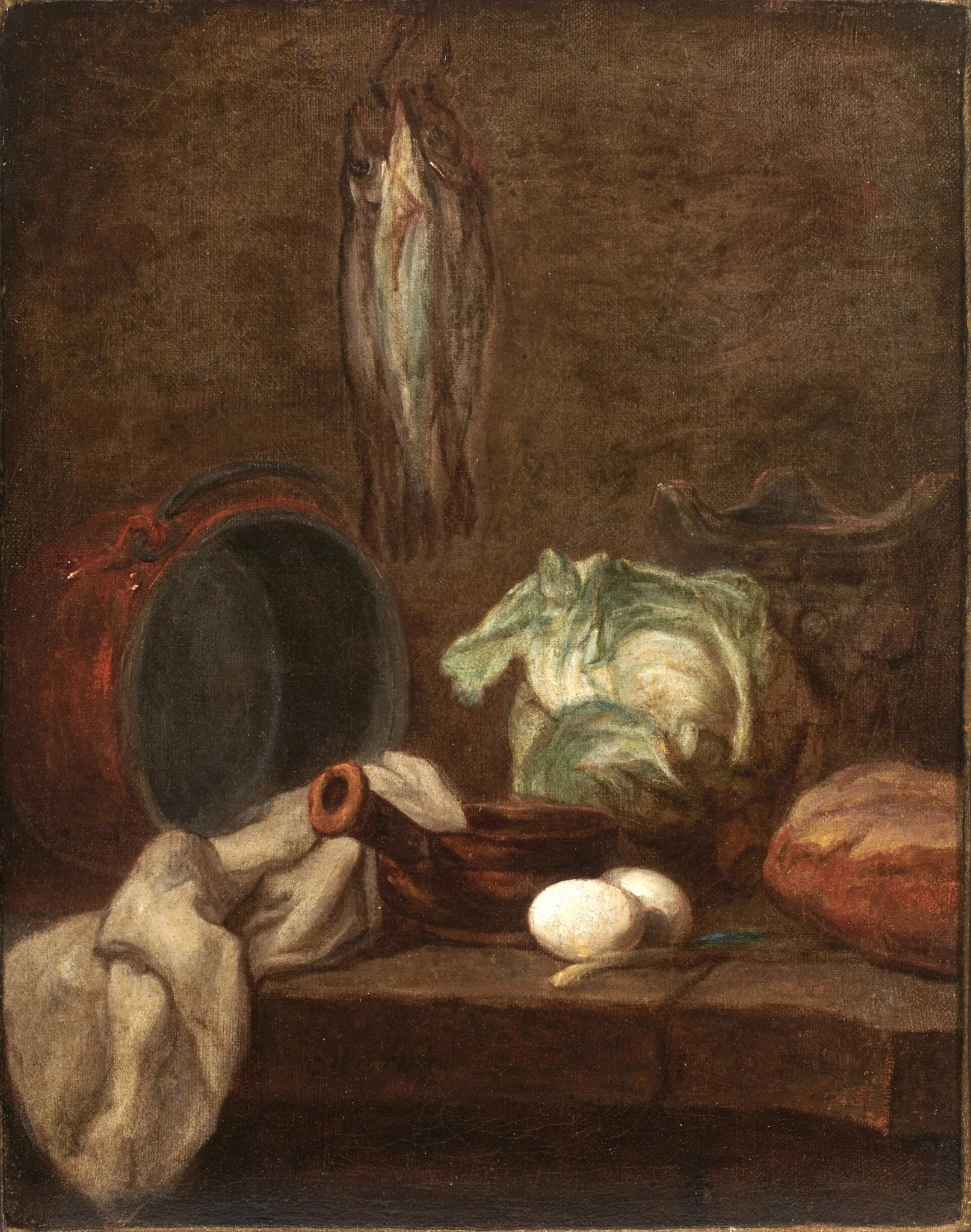 Kitchen Utensils and Three Herrings or Whitings, by Jean-Baptiste-Siméon Chardin, oil, 1729
