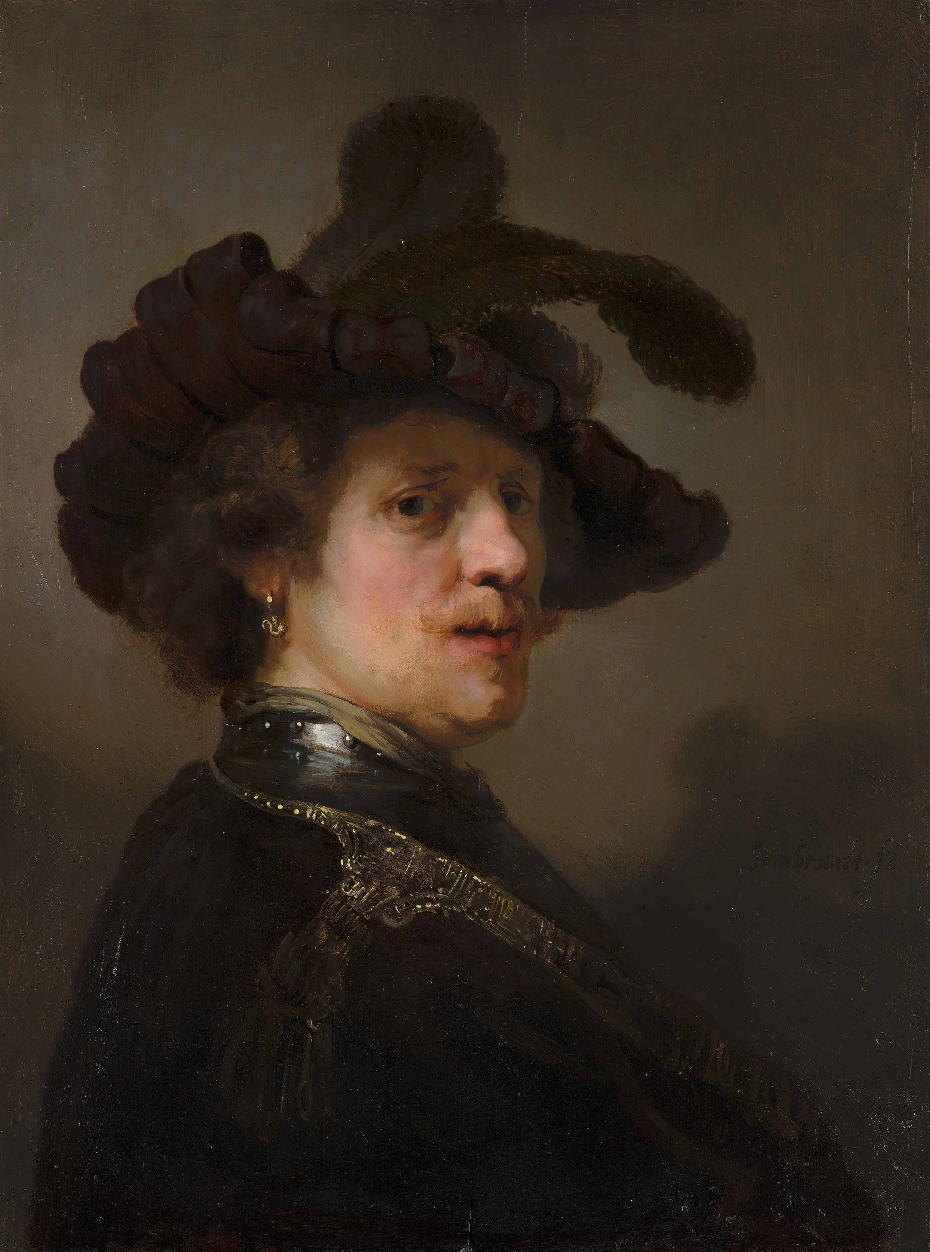 Portrait of a man in a plumed hat, by Rembrandt, oil, 1635