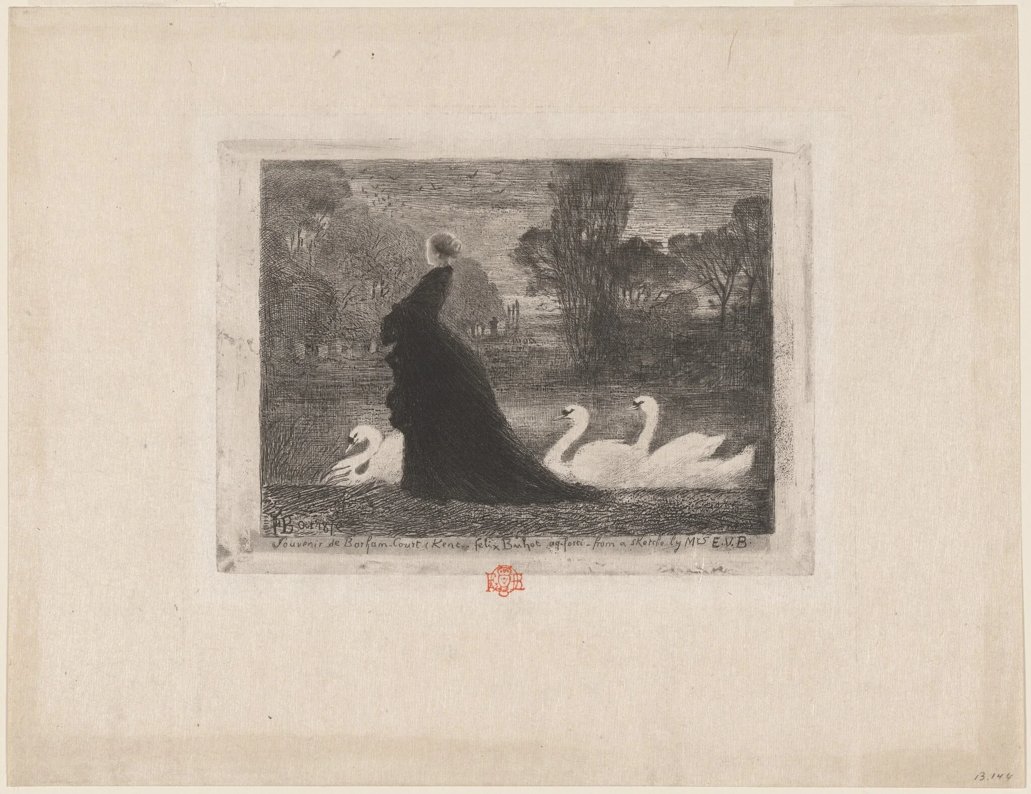 La Dame aux Cygnes (Woman with Swans), by Félix-Hilaire Buhot, ink, 1879