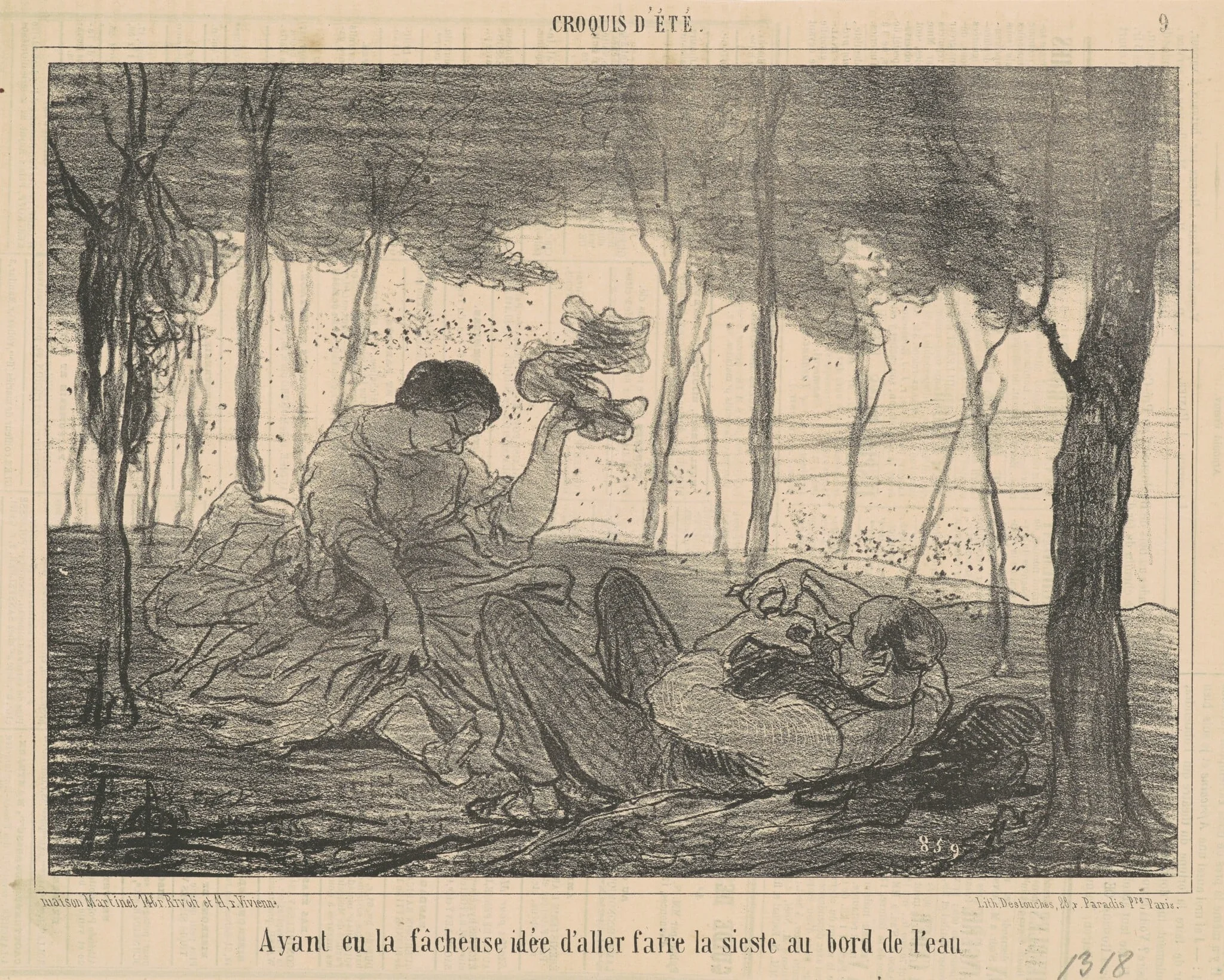 Ayant eu la facheuse idée d'aller ... au bord de l'eau, by Honoré Daumier, ink, 1856