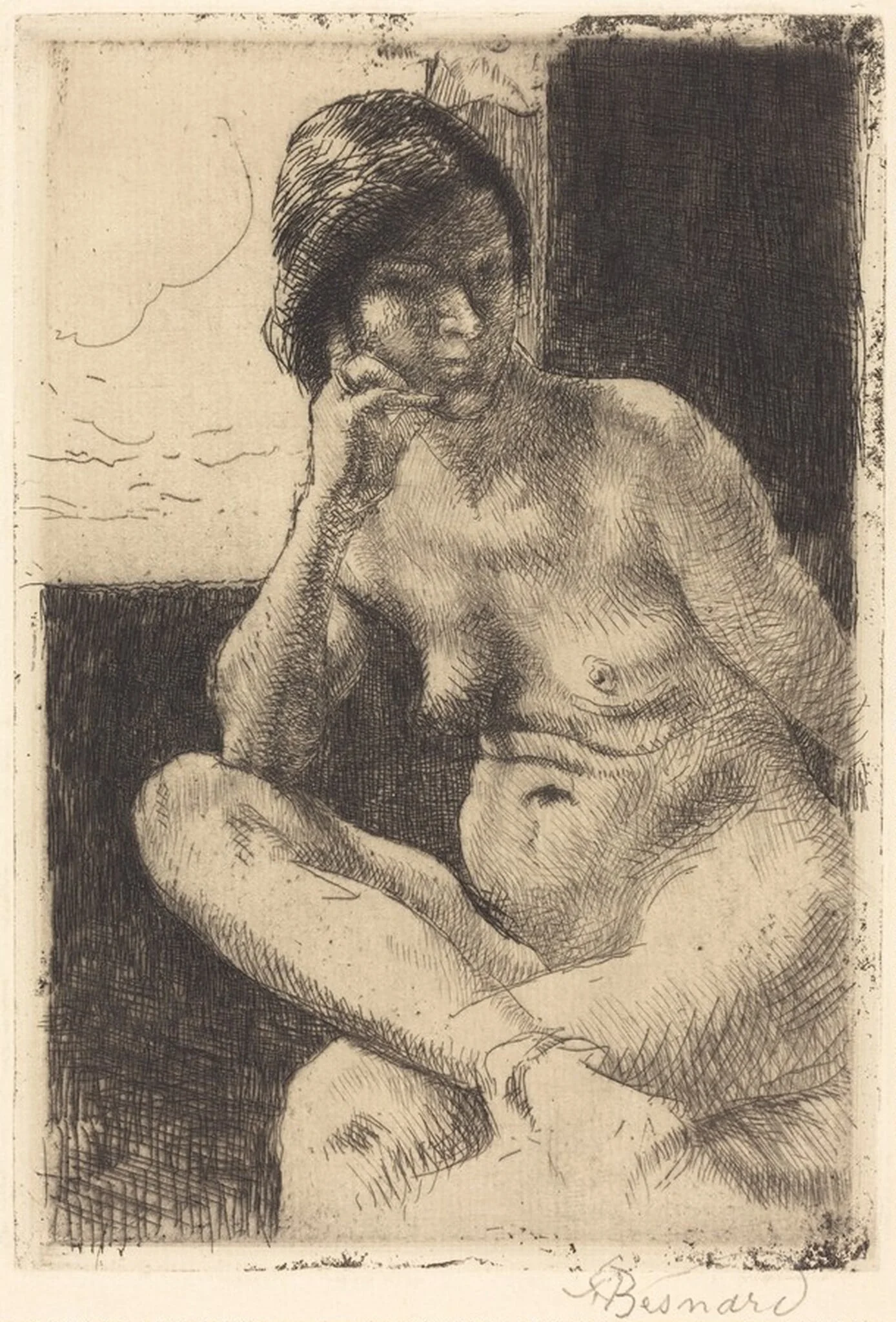 Seated Nude with Her Arm Resting on Her Leg (Femme nue assise, le bras appuyé sur la jambe), by Paul-Albert Besnard, ink, 1892