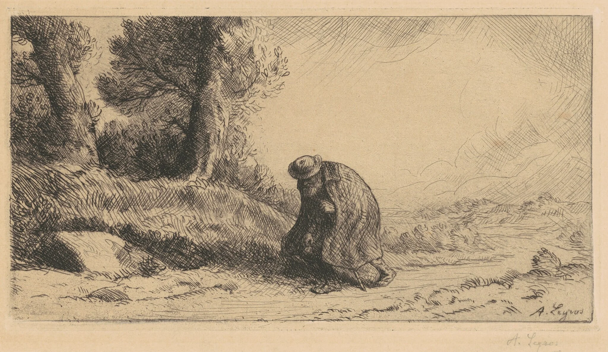 Wayfarer Surprised by a Storm (Le Voyageur surpris par l'Orage), by Alphonse Legros, ink, 1888