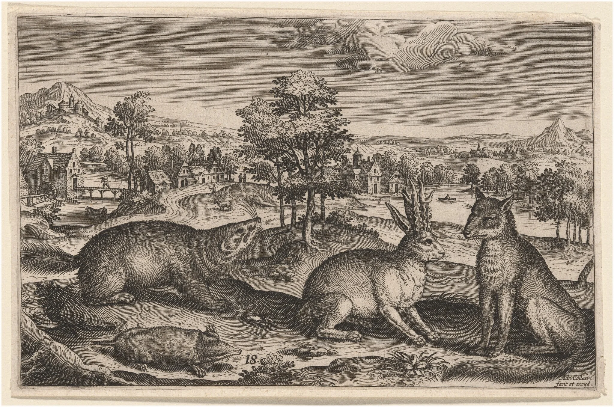 A Mole, a Badger, a Horned Hare and a Fox, by Adriaen Collaert, ink, 1597