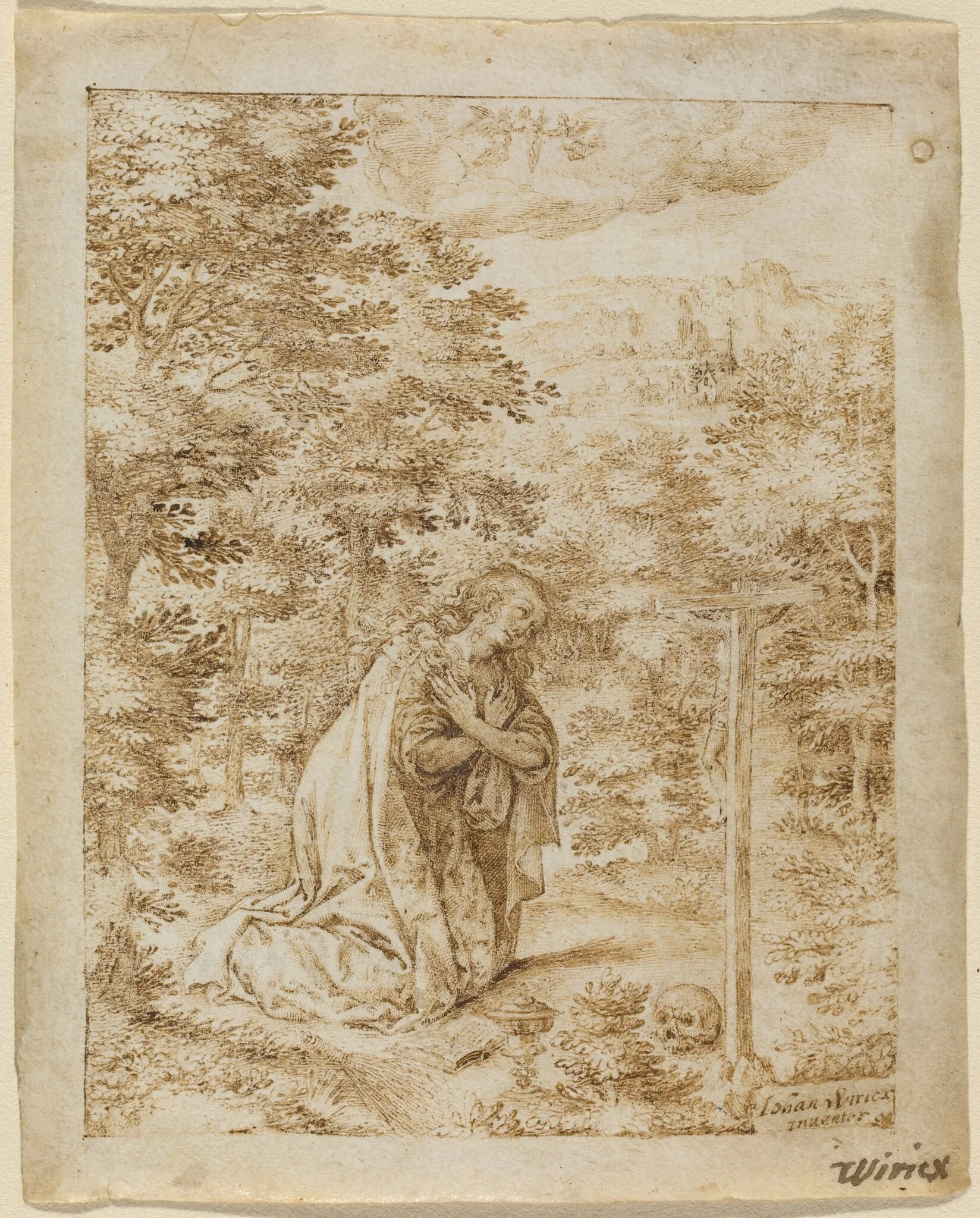 Mary Magdalene Praying in the Wilderness, by Johan Wierix, ink, 1582