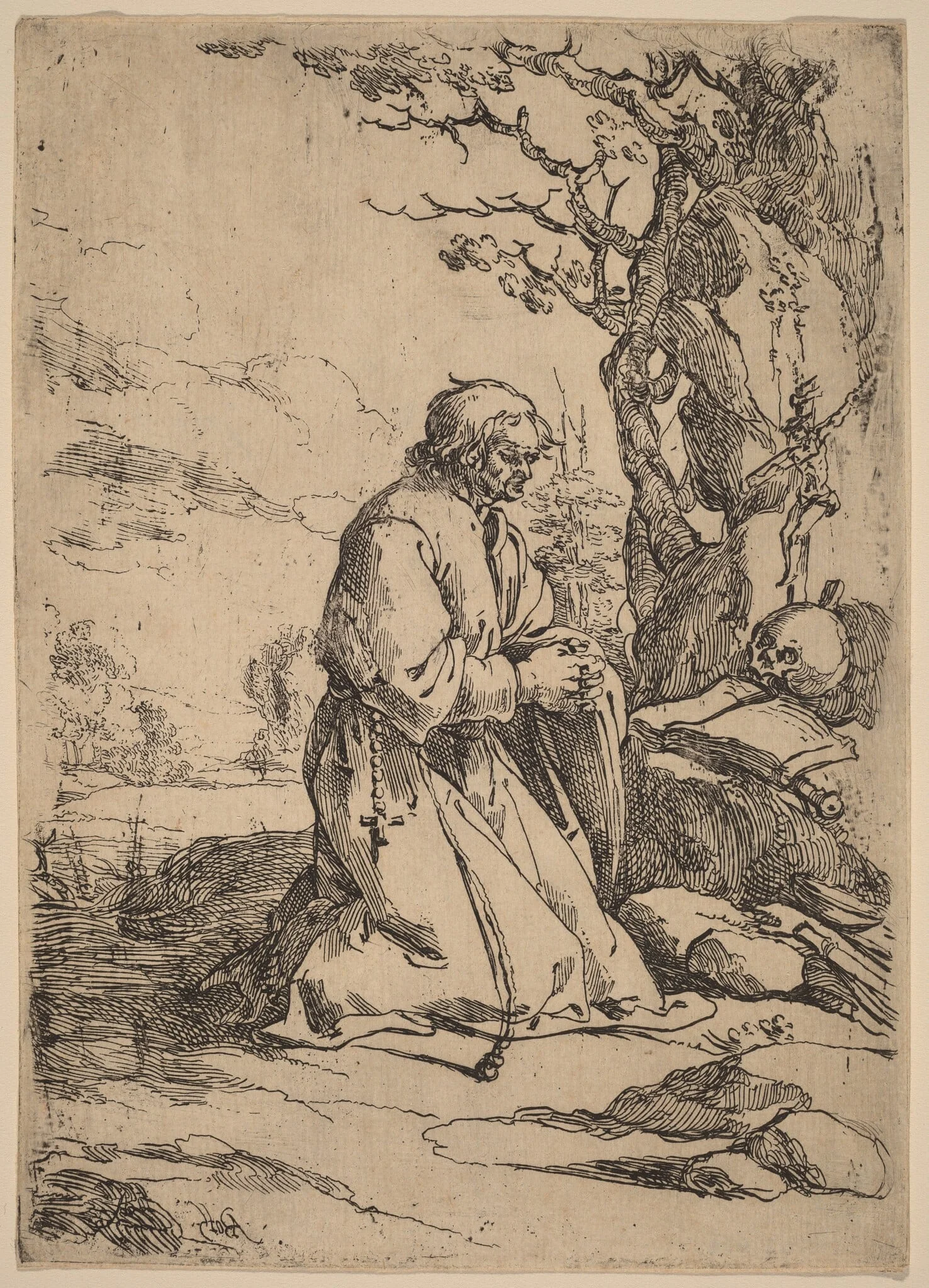 The Kneeling Hermit Facing Right, by Andries Both, ink, 1626
