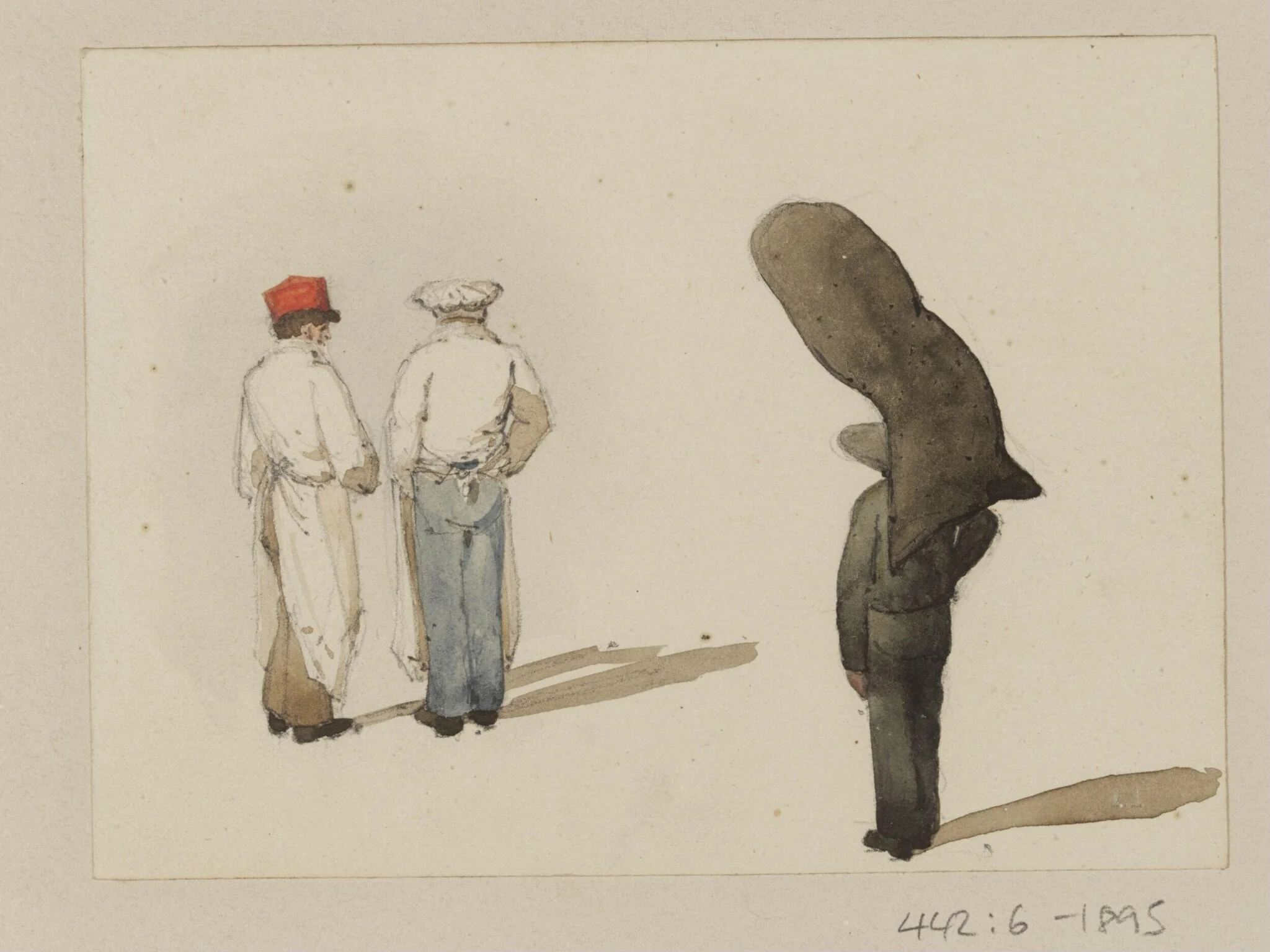 Three men standing, one with a load
