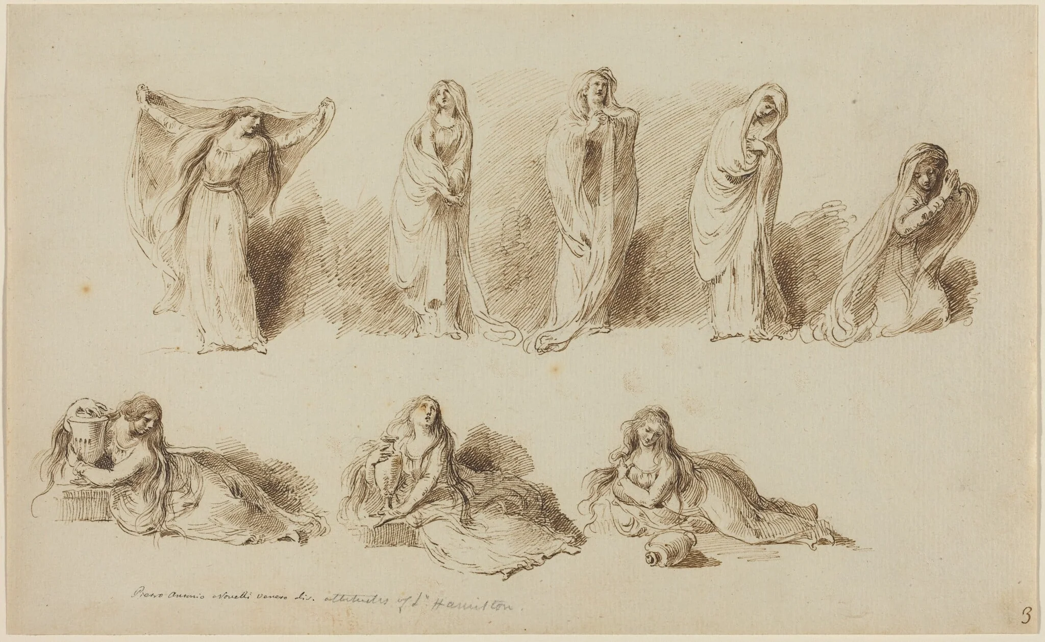 The Attitudes of Lady Hamilton, by Pietro Antonio Novelli, ink, 1791