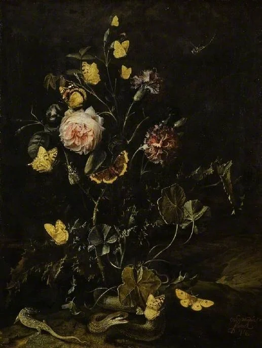 Flowers, insects and reptiles, by Otto Marseus van Schrieck, oil, 1673