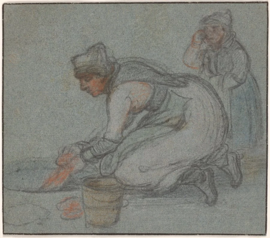 A Woman Doing Laundry in an Ice Hole (recto), by Hendrick Avercamp, 1618