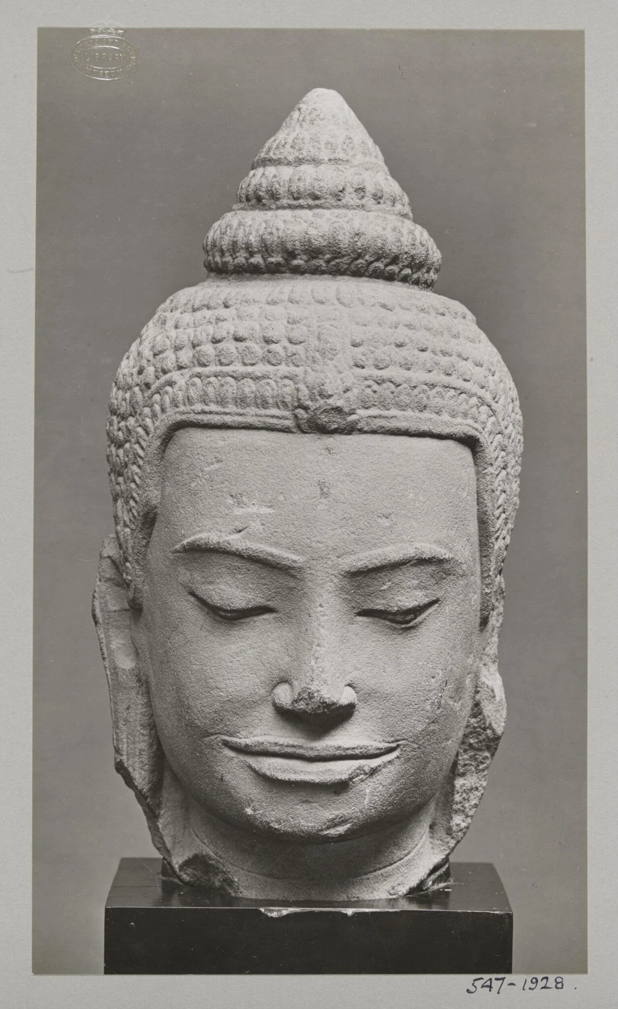 Sandstone sculpture of head of Buddha, Siam, 9th century A.D., V&A Museum, London, by Unknown, photographic, 1924
