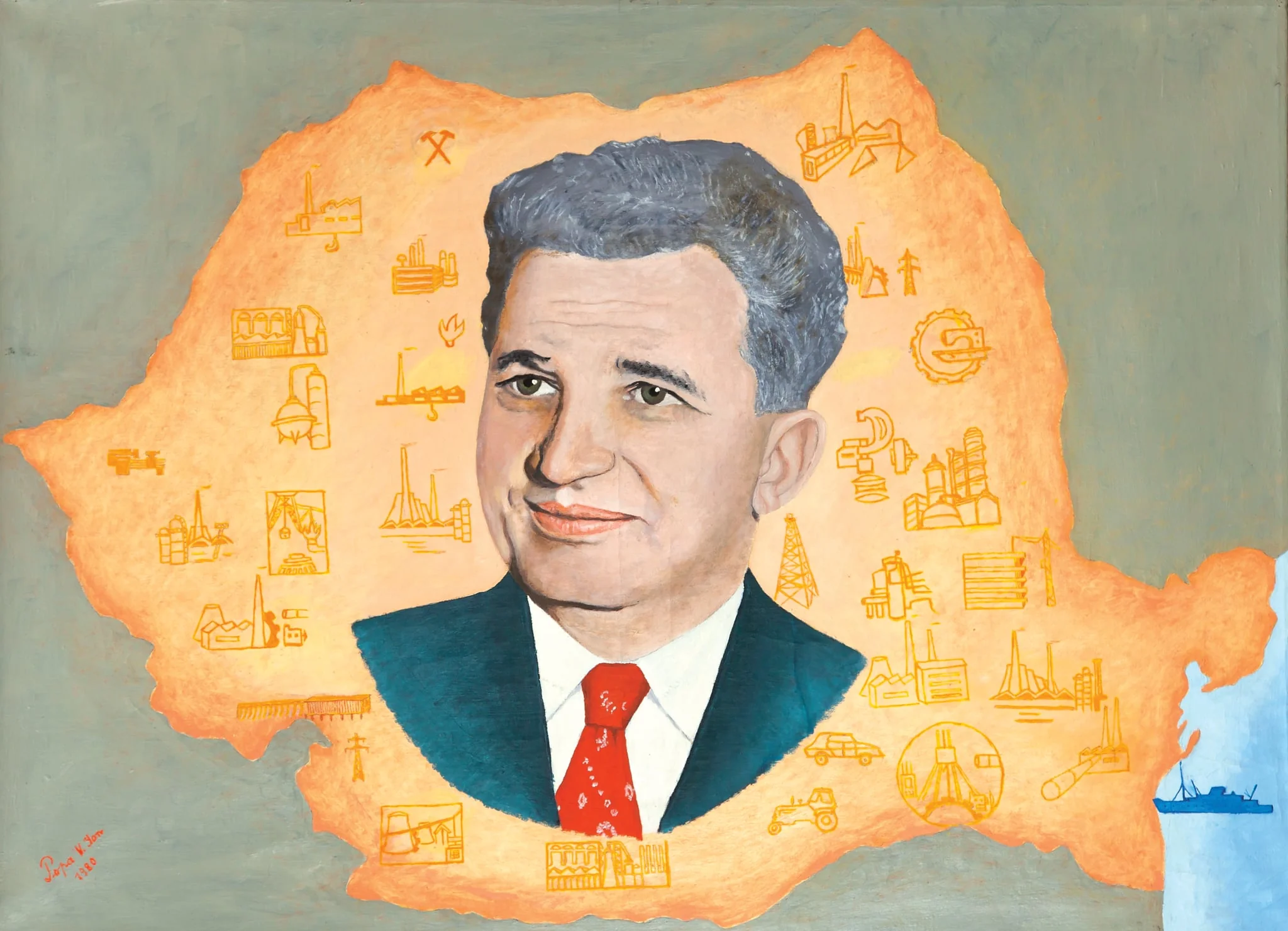 Tablou, ulei pe pânză, portretul lui Nicolae Ceaușescu este redat în mijlocul unei hărți a României, înconjurat de diferite obiective industriale. Comandat și oferit de Comitetul Județean de Partid Alba, 15 octombrie 1981., by V. Ion Popa