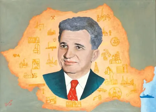 Tablou, ulei pe pânză, portretul lui Nicolae Ceaușescu este redat în mijlocul unei hărți a României, înconjurat de diferite obiective industriale. Comandat și oferit de Comitetul Județean de Partid Alba, 15 octombrie 1981.