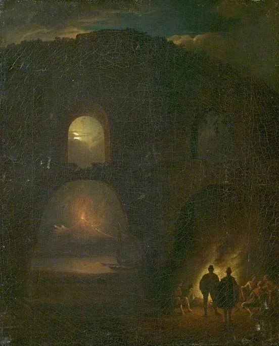 Ruins on the Coast of Naples, Italy, Moonlight, by Unknown, oil