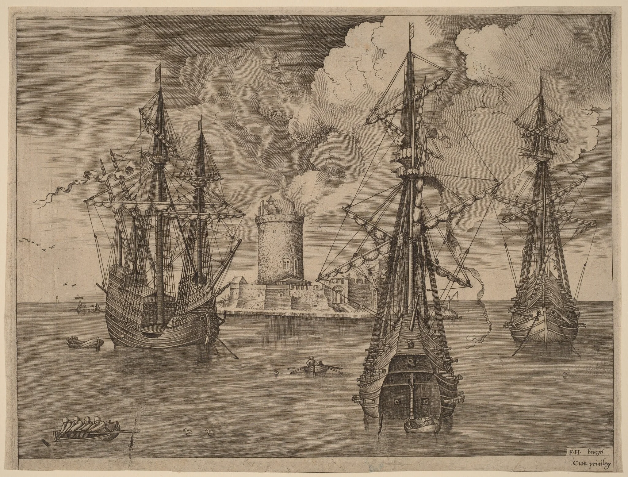 Four-Master (Left) and Two Three-Masters Anchored near a Fortified Island with a Lighthouse, by Frans Huys, ink, 1565