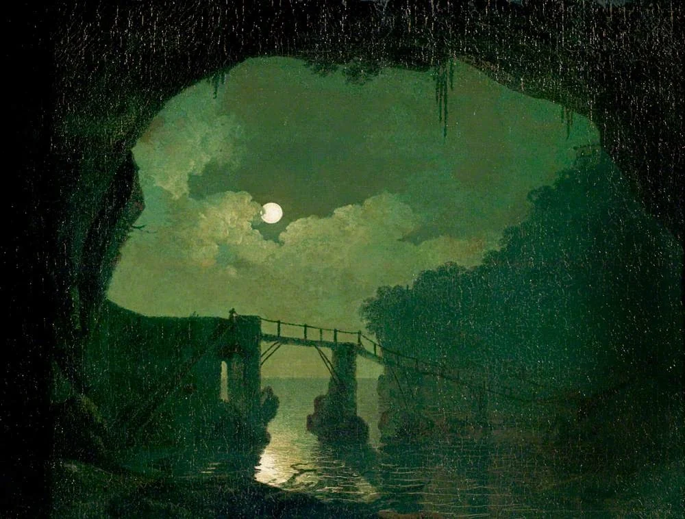 Bridge through a Cavern, Moonlight, by Joseph Wright of Derby, oil, 1796