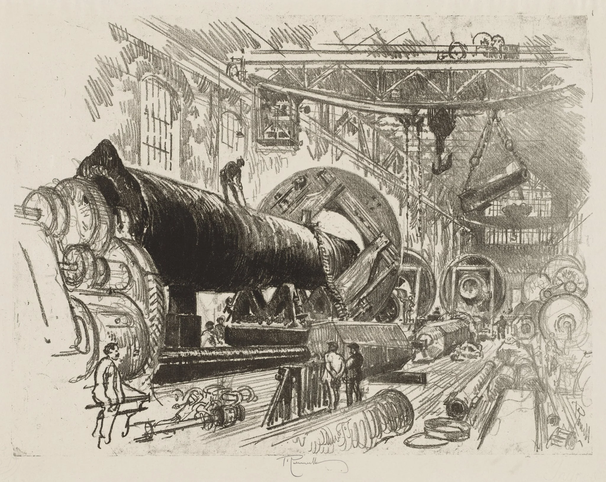 English War Work:  Cutting and Turning a Big Gun, by Joseph Pennell, 1916
