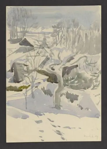 Trees and roofs in snow