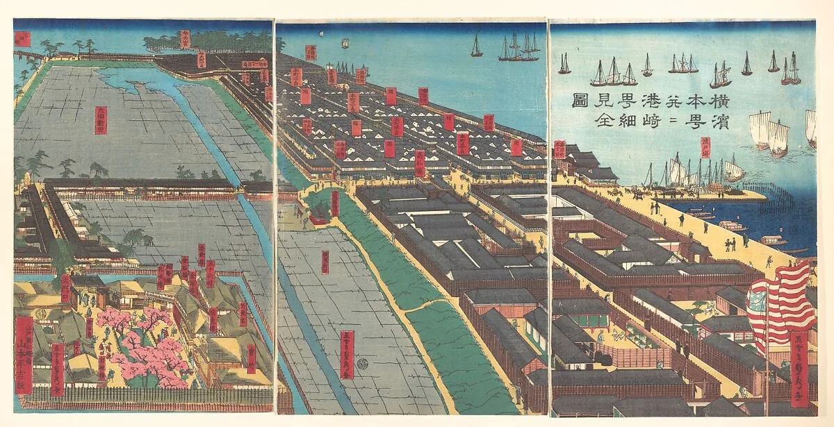 Yokohama Hon-chō...ni Miyozaki...kenkin zu|Detailed Print of Yokohama Hon-chō and the Miyozaki Pleasure Quarter, by Utagawa (Gountei) Sadahide, ink, 4