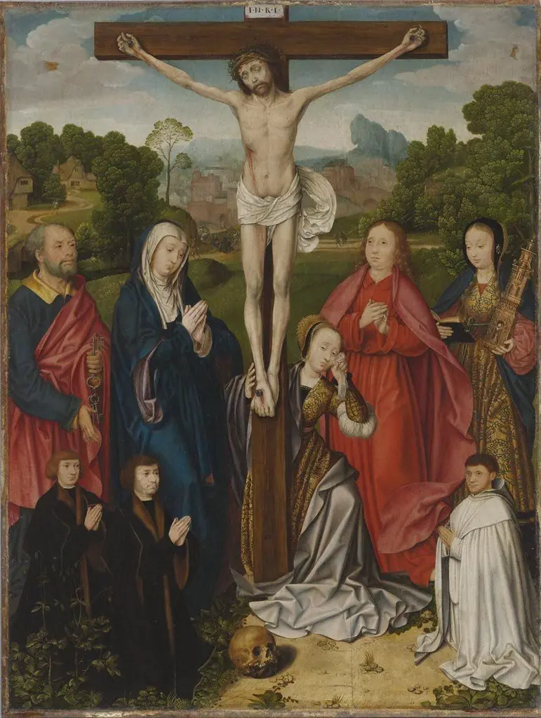 Christ on the cross with the saints Peter, Mary, Mary Magdalene, John the Evangelist and Barbara, with three donors