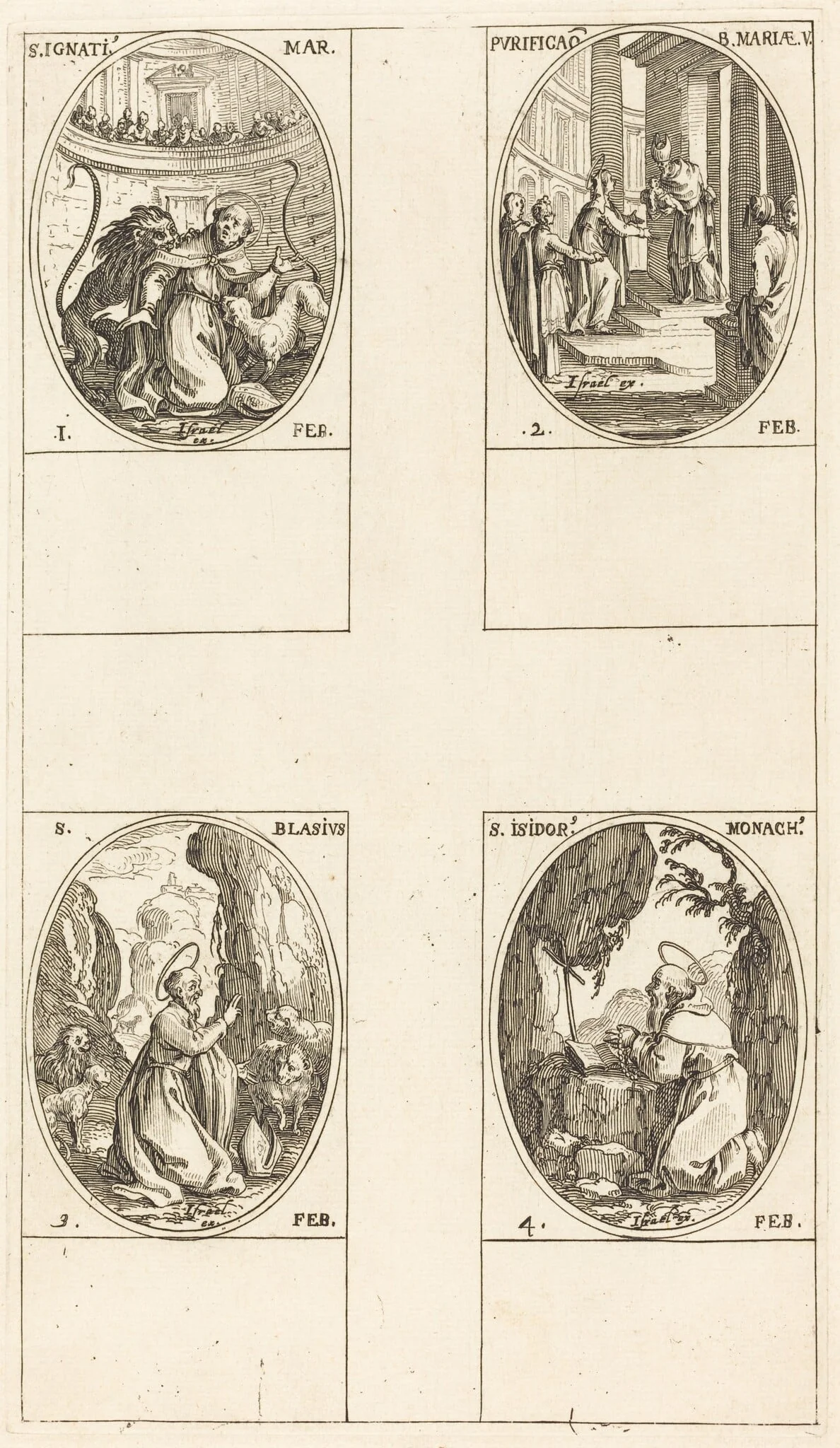 St. Ignatius; Purification of the Virgin; St. Blaise; St. Isidore, by Jacques Callot, ink, 1634