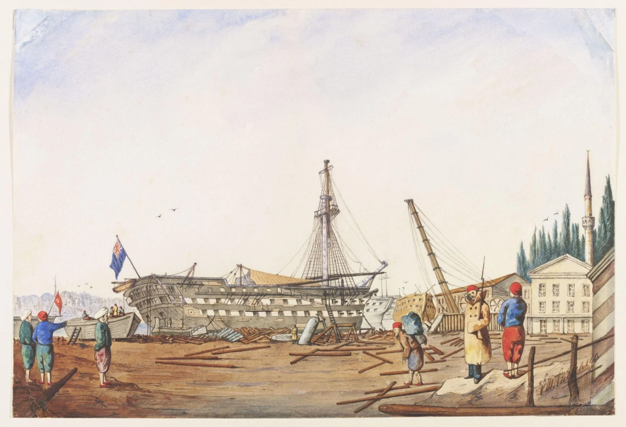 H.M: Ship Albion in dock at Constantinople after the Bombardment  at Sevastopol.  October 1854, by Em. Caruana, watercolor, 1854