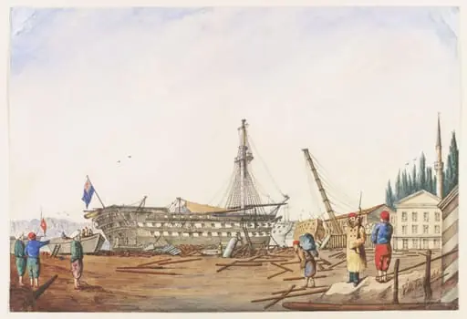 H.M: Ship Albion in dock at Constantinople after the Bombardment  at Sevastopol.  October 1854