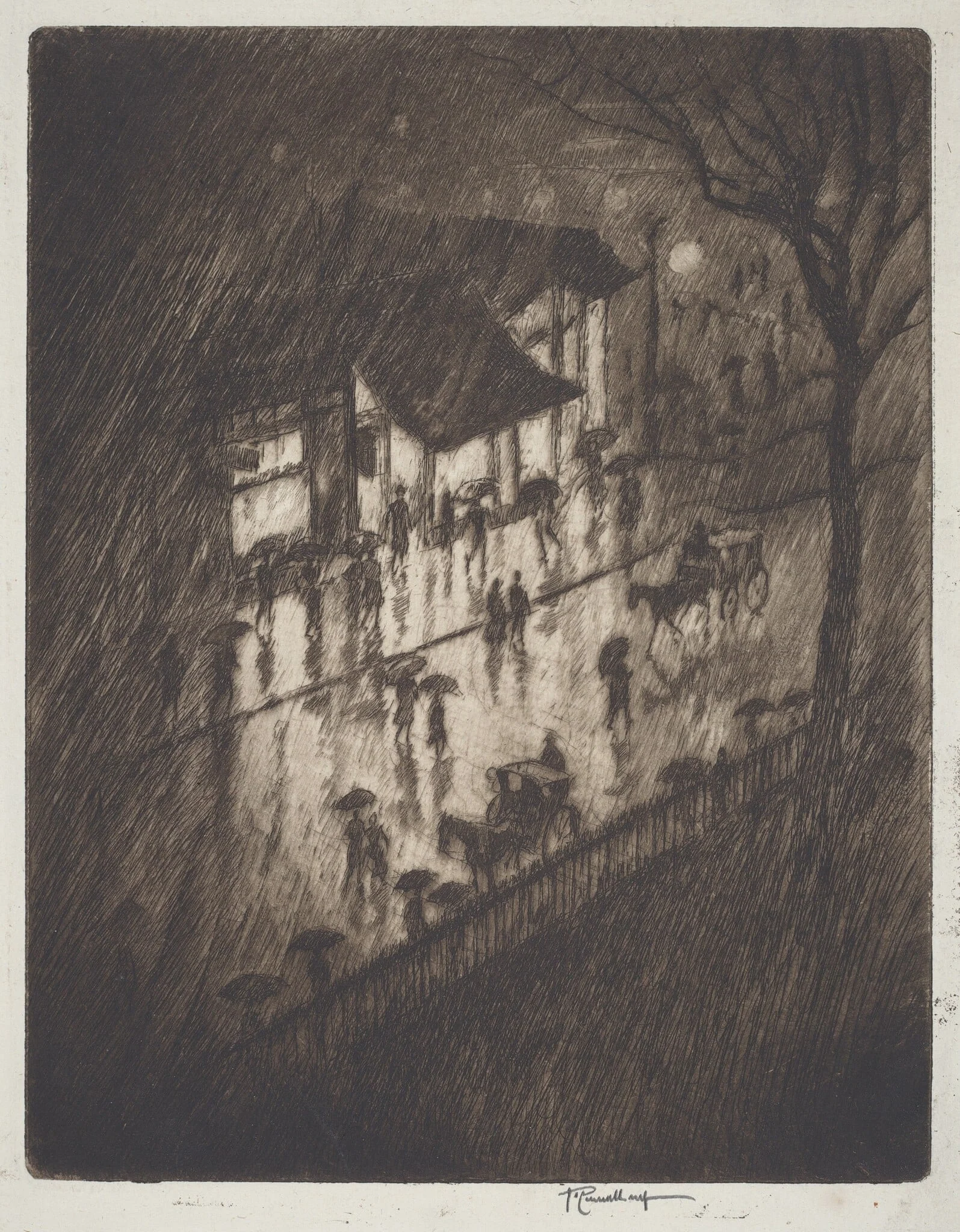 Rainy Night, Charing Cross Shops, by Joseph Pennell, ink, 1903